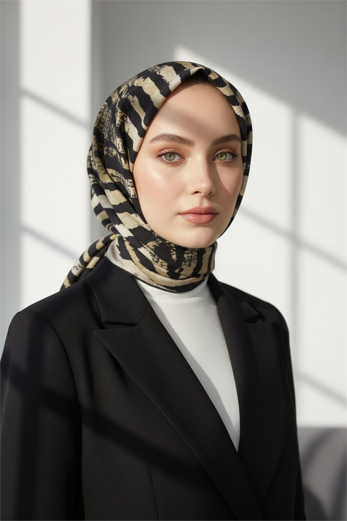 KREP ZEBRA DESENLİ BEJ - SİYAH RENKLİ 75X195 KIRIŞMAZ ŞAL