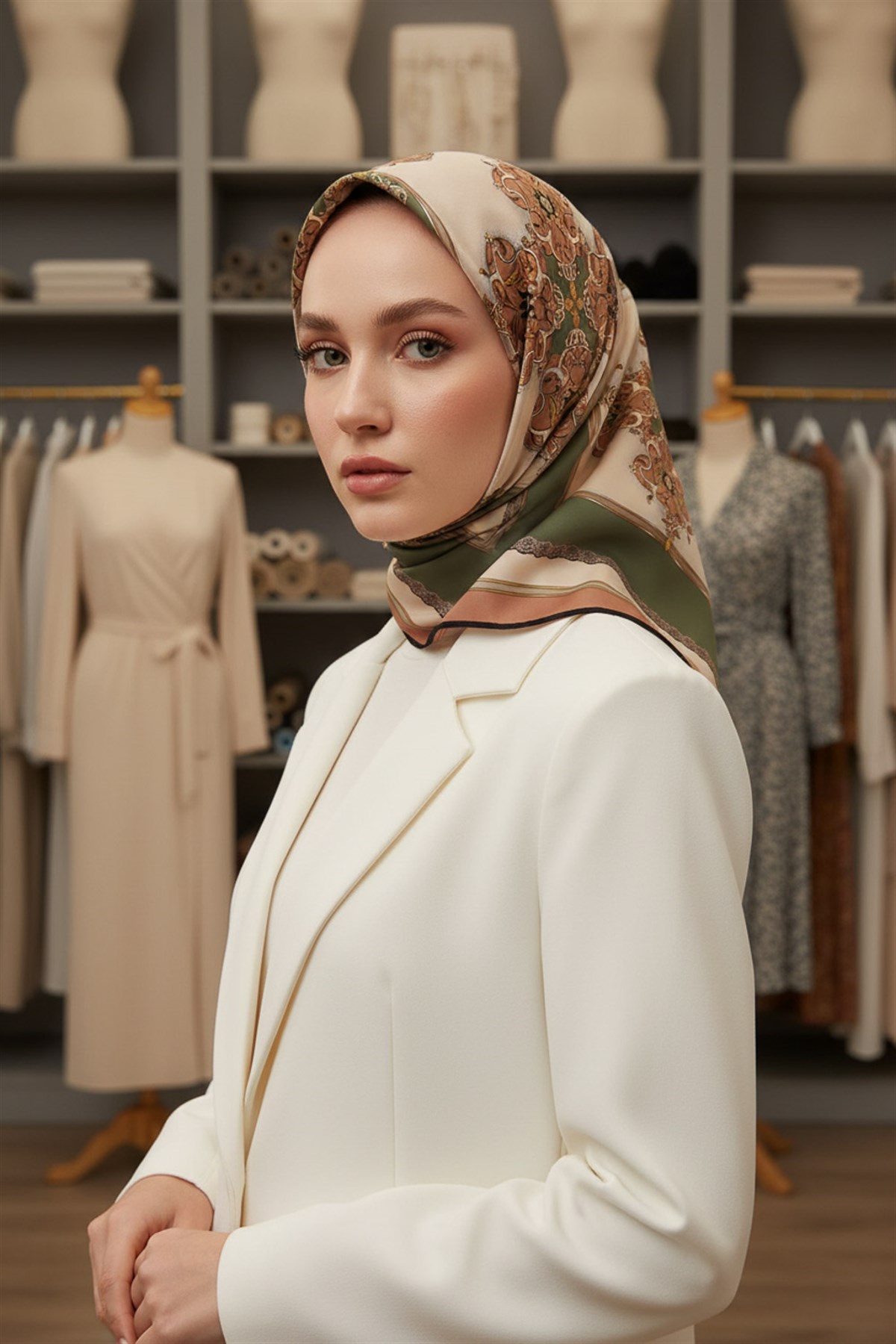 % 57 İPEK % 43 VİSKON Twill İpek Barok Desenli Bakır - Haki Renkli 90x90 Eşarp Dikim Şekli : El Dikişi