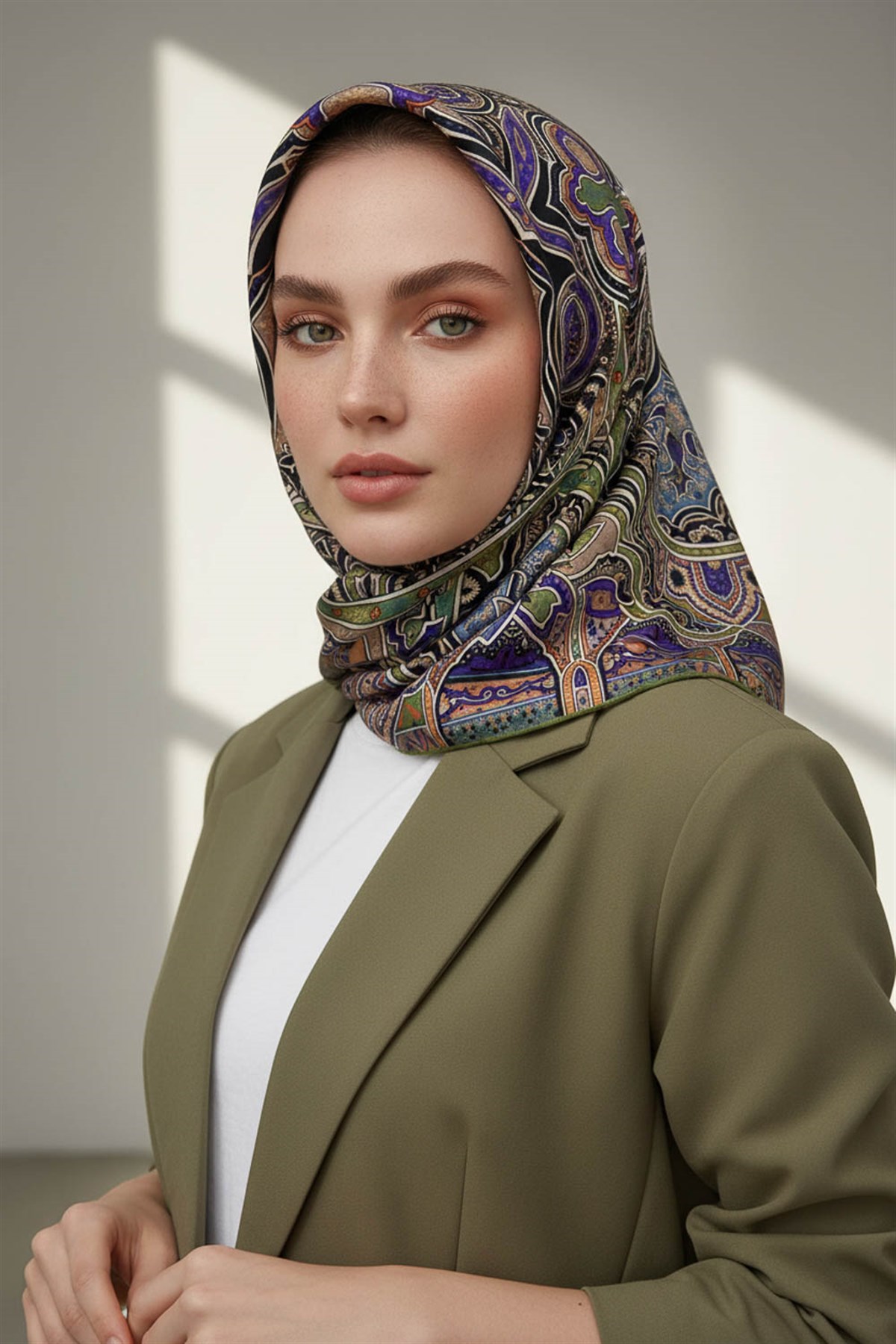 100% Twill İpek Etnik Desenli Haki Renkli 90x90 Dikim Şekli : El Dikişi Eşarp