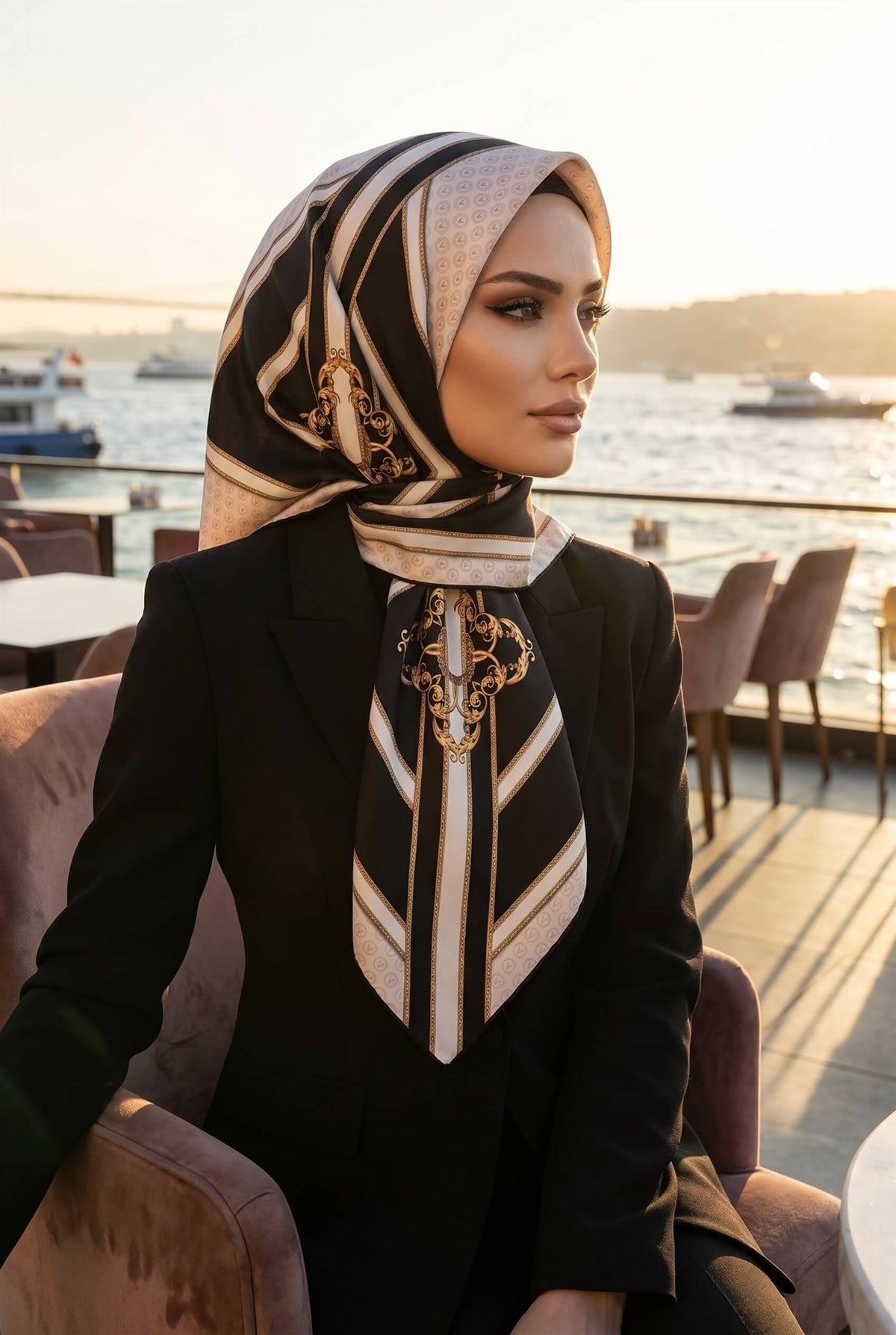 %100 Twill İpek Monogram ve Barok Desenli Krem - Siyah Renkli 90x90 Eşarp Dikim Şekli : El Dikişi
