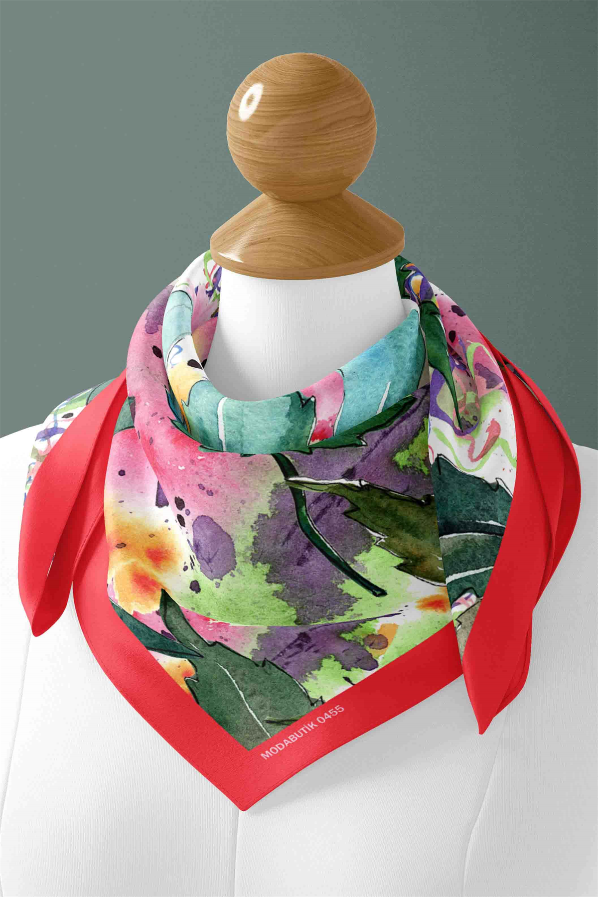 A74 Kadın Yaprak Desenli Bandana 50x50 Yeşil Pembe DG0455-22