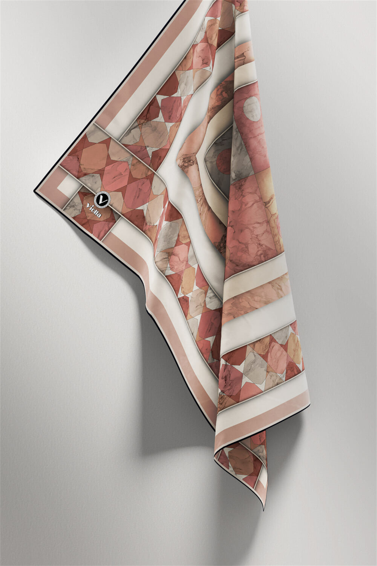 Twill Geometrik Mermer Desenli Somon Renkli 90x90 Eşarp (İpek İçermez) Kenar Dikiş Şekli El Dikişli