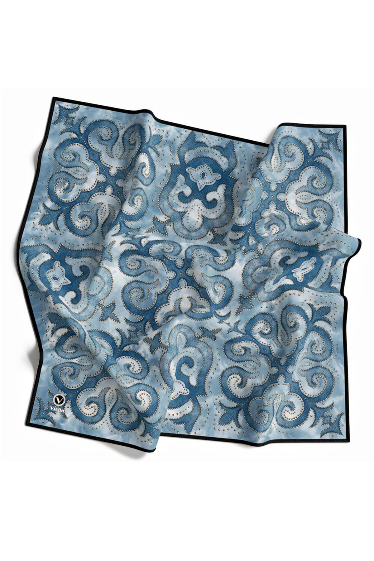 Twill Barok Desenli Petrol Mavisi Renkli 90x90 Eşarp (İpek İçermez) Kenar Dikiş Şekli El Dikişli