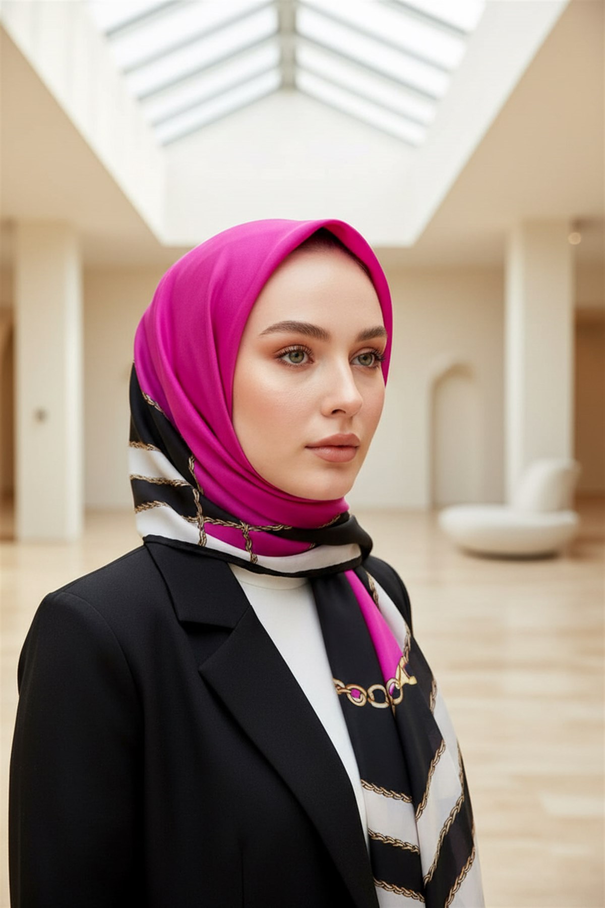 %100 Saf İpek Şal İnce Saten Vual Dokuma Geometrik Desenli Siyah - Fuşya Renkli 90x210 Şal