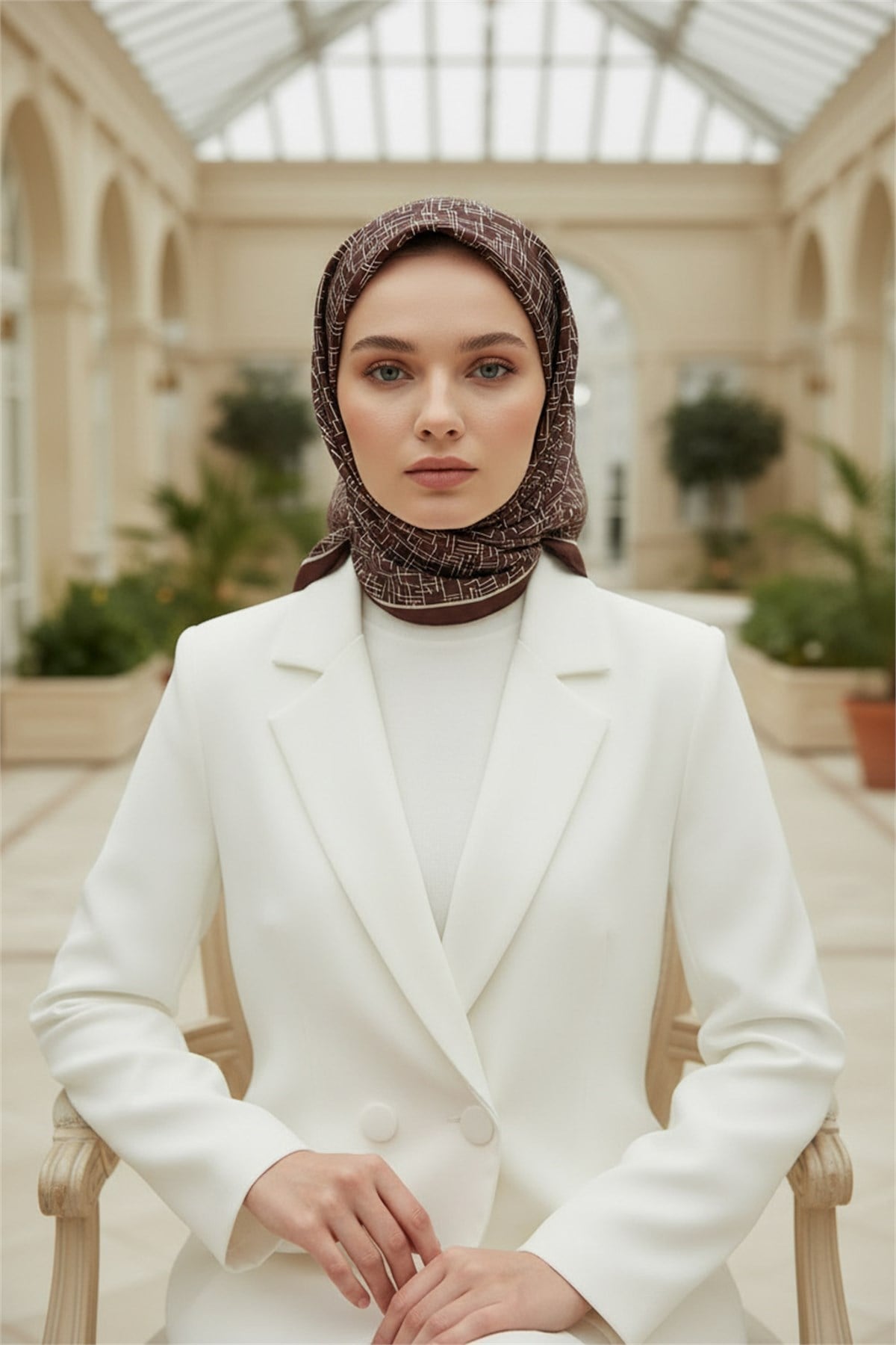 %100 Twill İpek Çizgi Desenli Kahverengi Renkli 90x90 Eşarp Dikim Şekli : El Dikişi