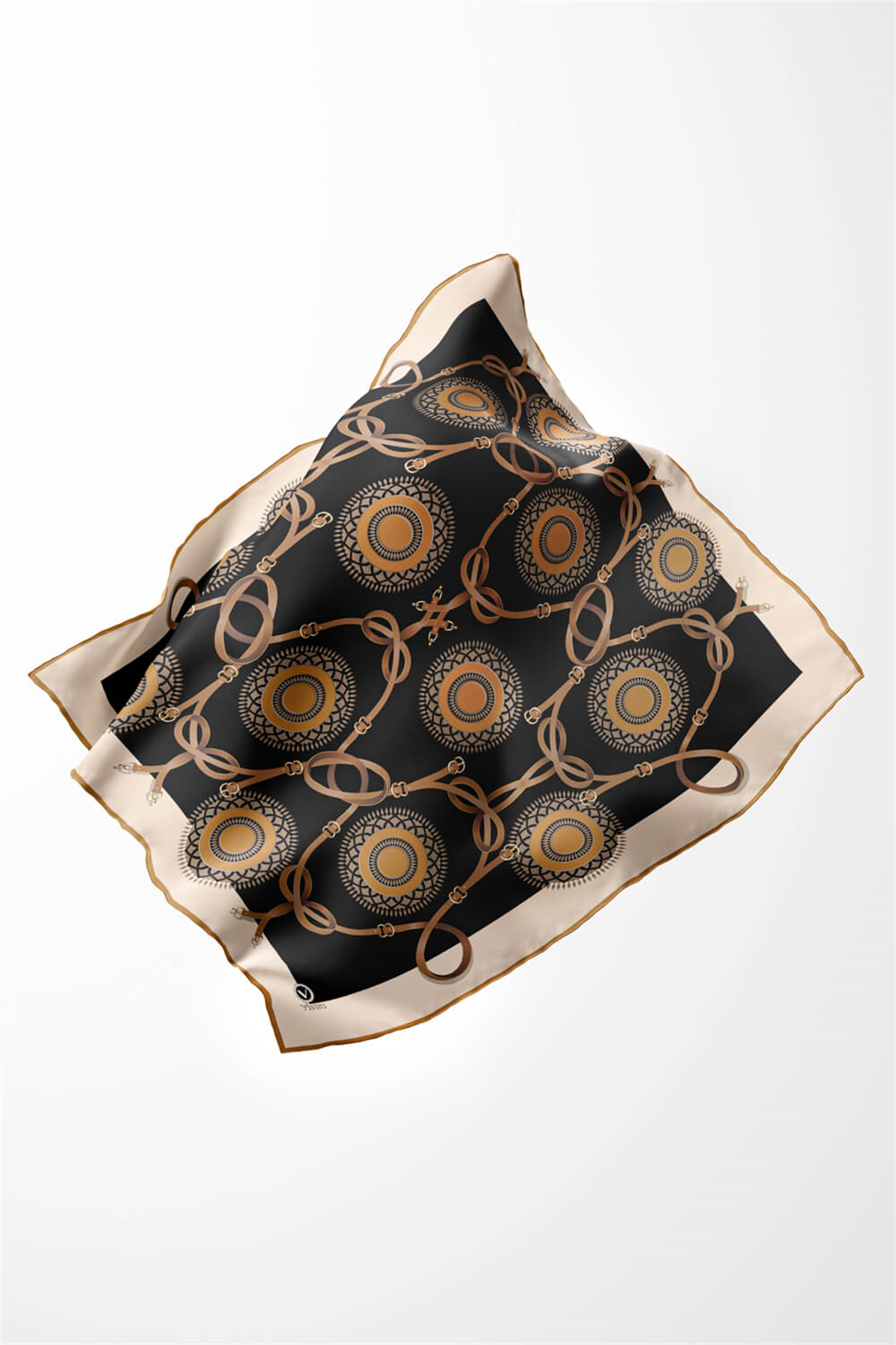 Twill Kemerli Ve Geometrik Desenli Hardal Renkli 90x90 Eşarp (İpek İçermez) Kenar Dikiş Şekli El Dikişli