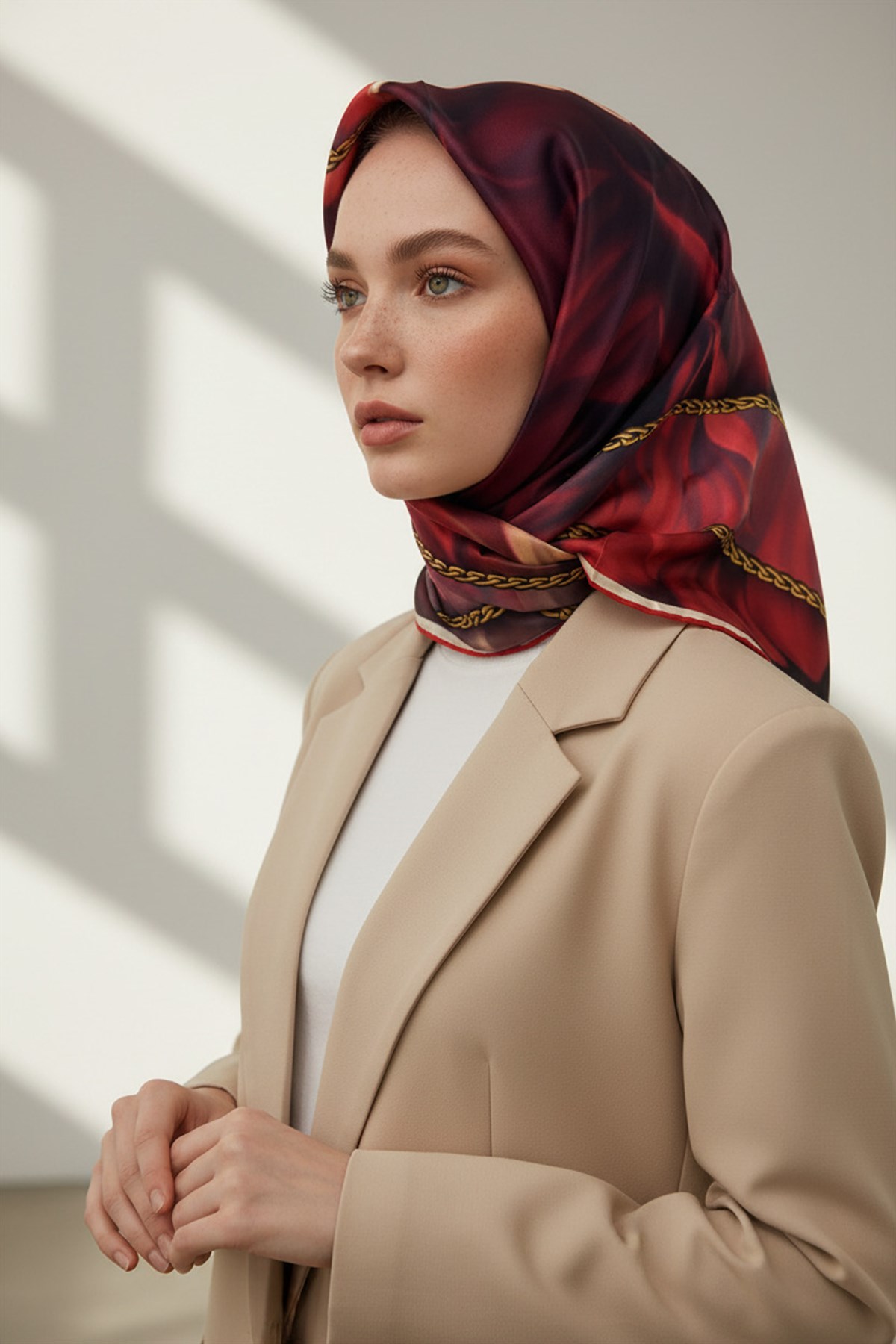 % 57 İPEK % 43 VİSKON Twill İpek Çiçek Geometrik Desenli kırmızı Renkli 90x90 Eşarp Dikim Şekli : El Dikişi