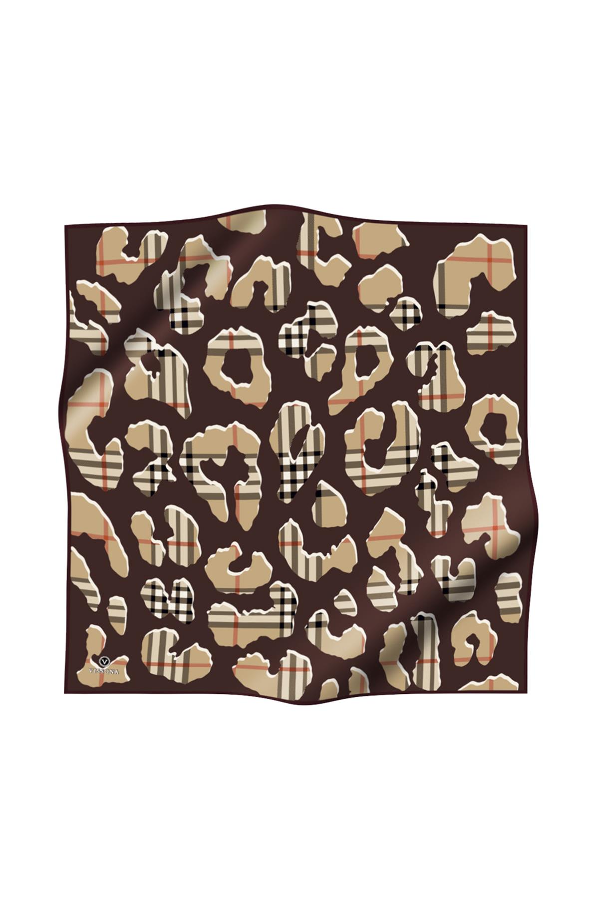 %100 Twill İpek Leopar Desenli Kahverengi - Bej Renkli 90x90 Eşarp Dikim Şekli : El Dikişi