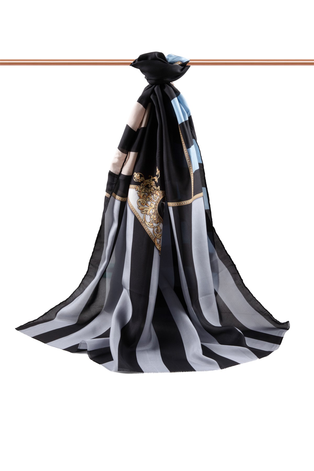 %100 İpek Şerit Ve Varak Desenli Su Yeşili - Bebe Mavisi Renkli 92x210 Şal