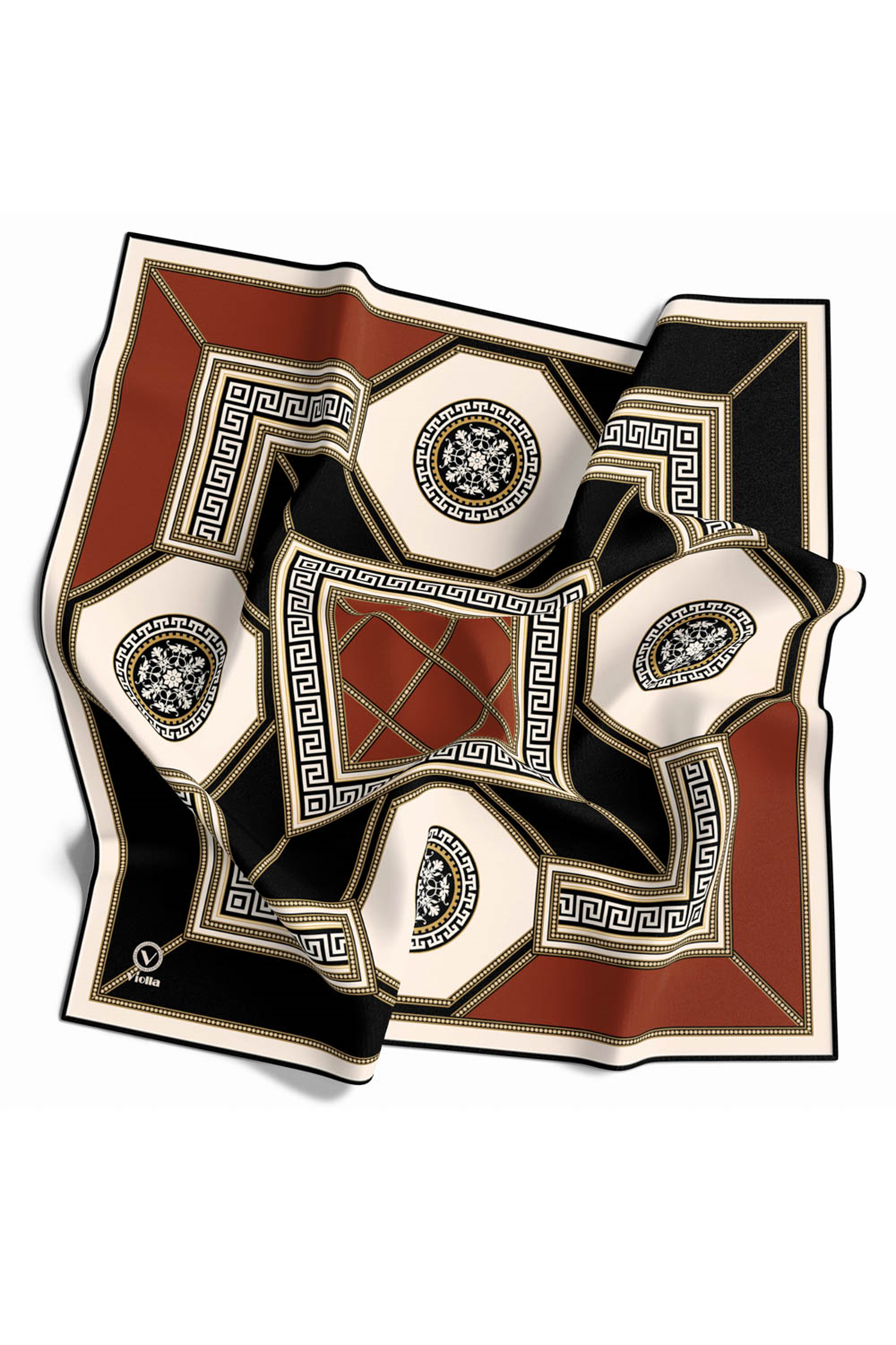Twill Barok Desenli Taba Renkli 90x90 Eşarp (İpek İçermez) Kenar Dikiş Şekli El Dikişli