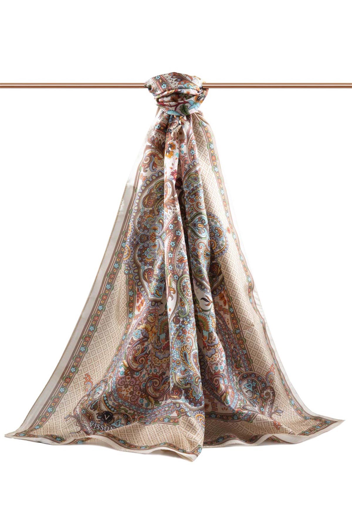 %100 İPEK ETRO DESENLİ BEJ - PETROL YEŞİLİ RENKLİ ŞAL