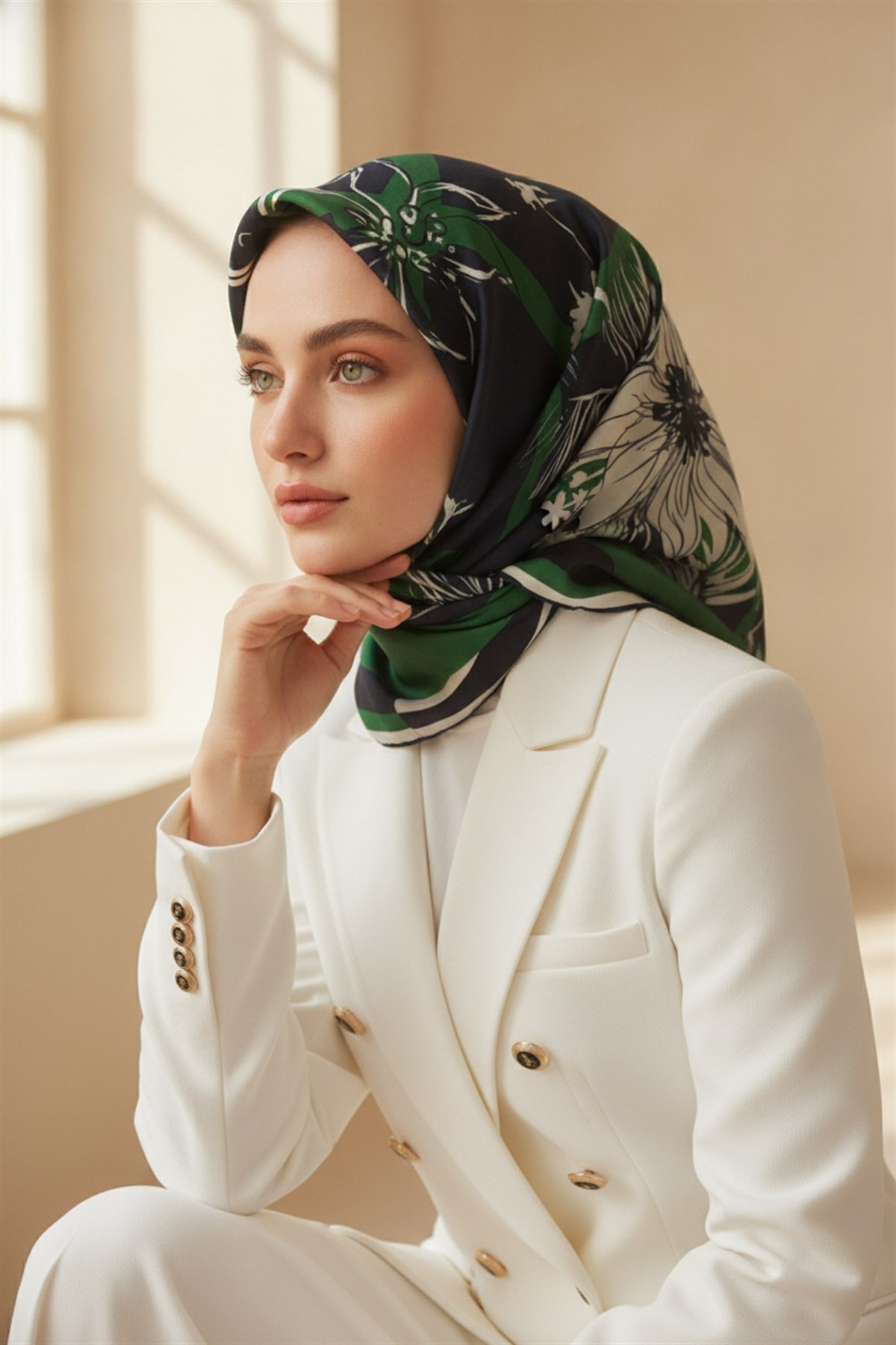 %100 Twill İpek Çiçekli ve Geometrik Desenli Zümrüt Yeşili - Lacivert Renkli 90x90 Eşarp Dikim Şekli : El Dikişi