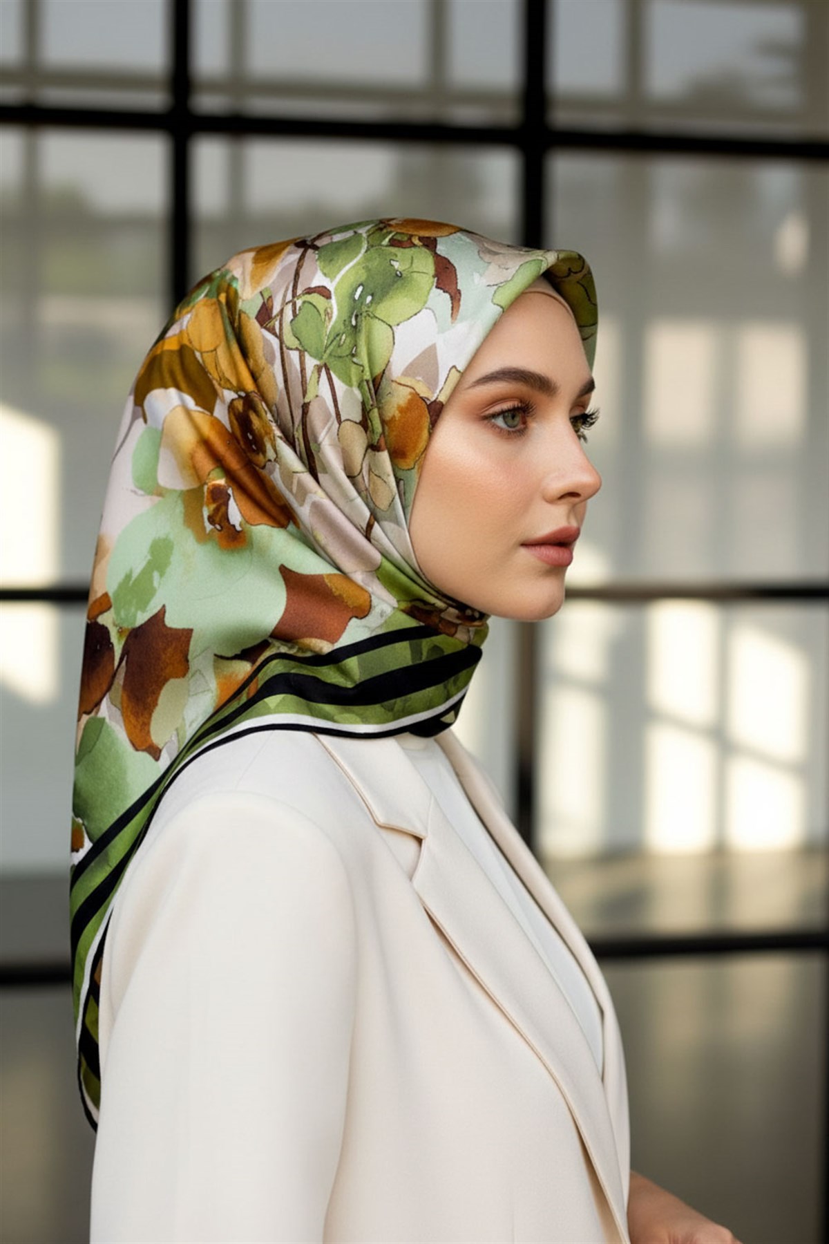 % 57 İPEK % 43 VİSKON Twill İpek Sulu Boyalı Çiçek Desenli Haki - Vizon Renkli 90x90 Eşarp Dikim Şekli : El Dikişi