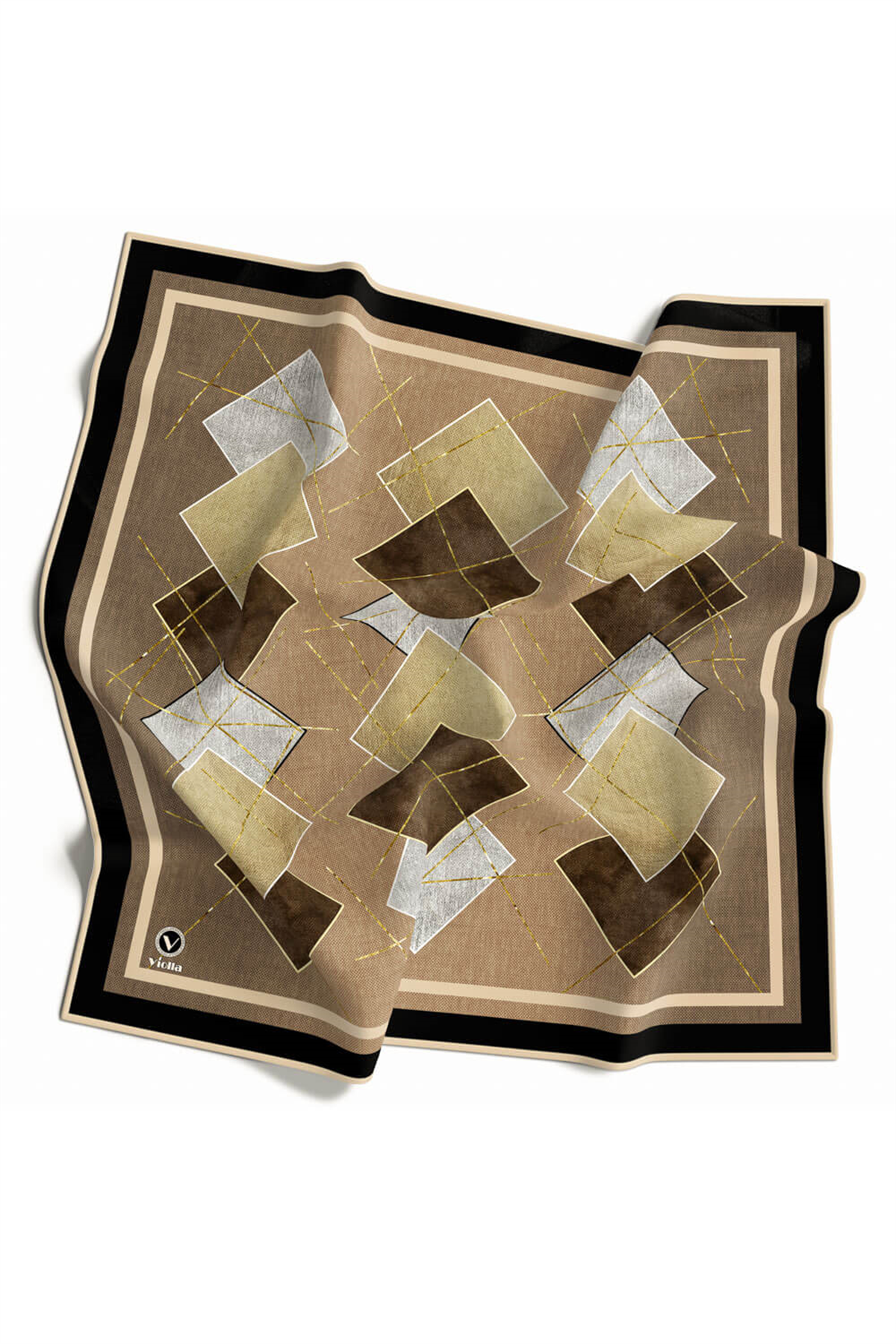 Twill Geometrik Desenli Bej Renkli 90x90 Eşarp (İpek İçermez) Kenar Dikiş Şekli El Dikişli