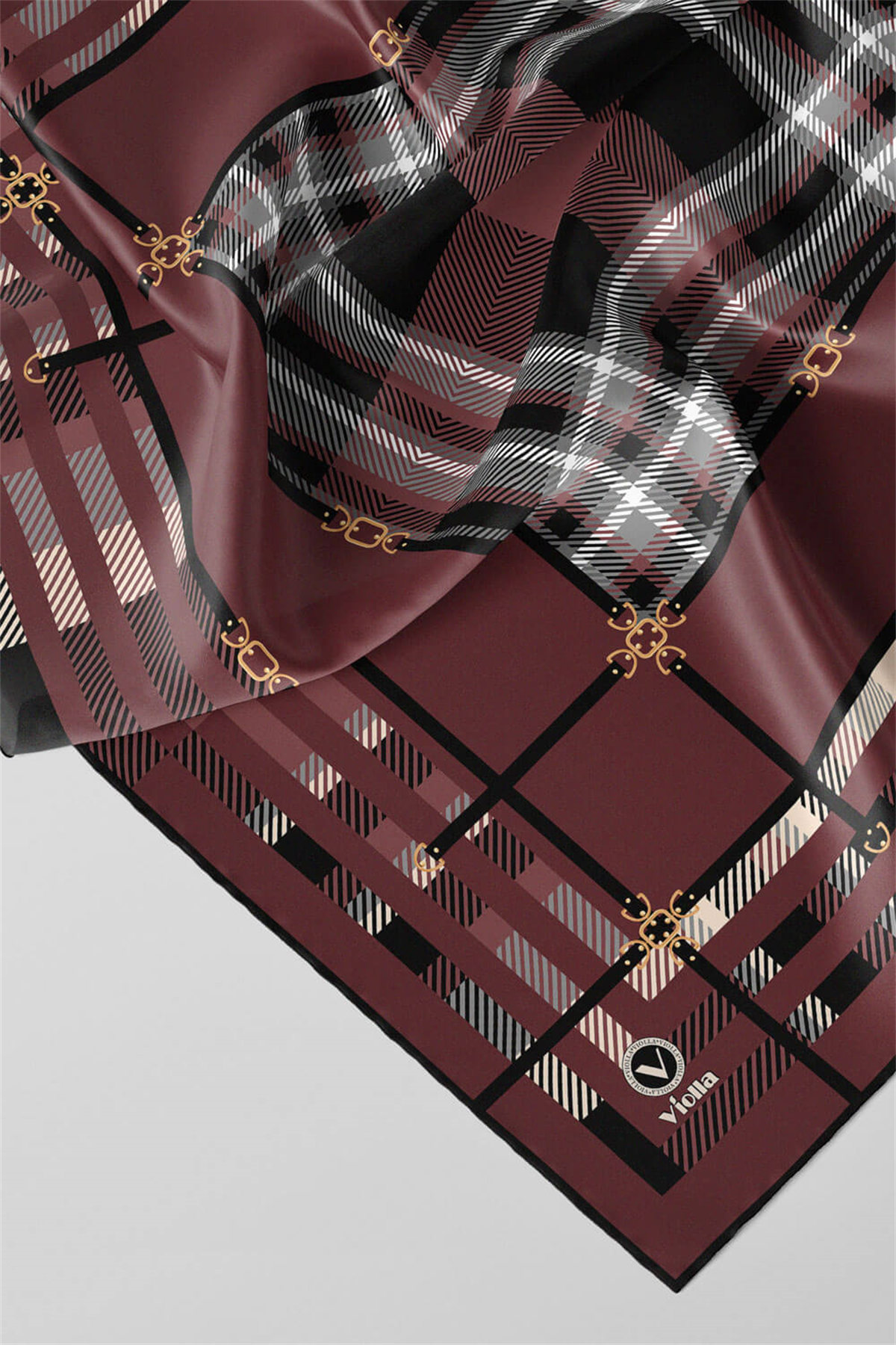 Twill Kemerli ve Ekose Desenli Gül Kurusu Renkli 90x90 Eşarp (İpek İçermez)Kenar Dikiş Şekli El Dikişli