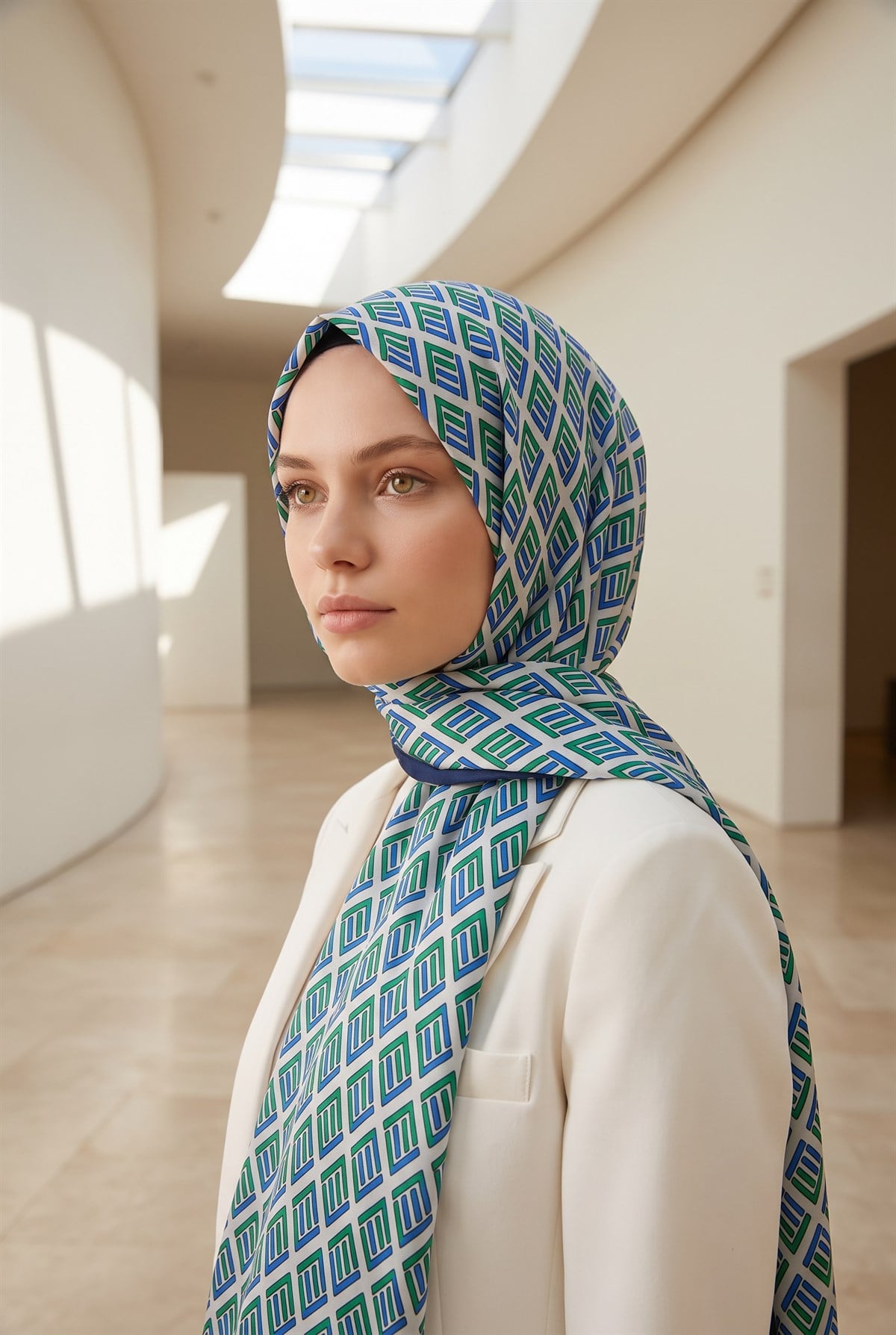 %100 Saf İpek Şal İnce Saten Vual Dokuma Geometrik Desenli 90x210 Şal