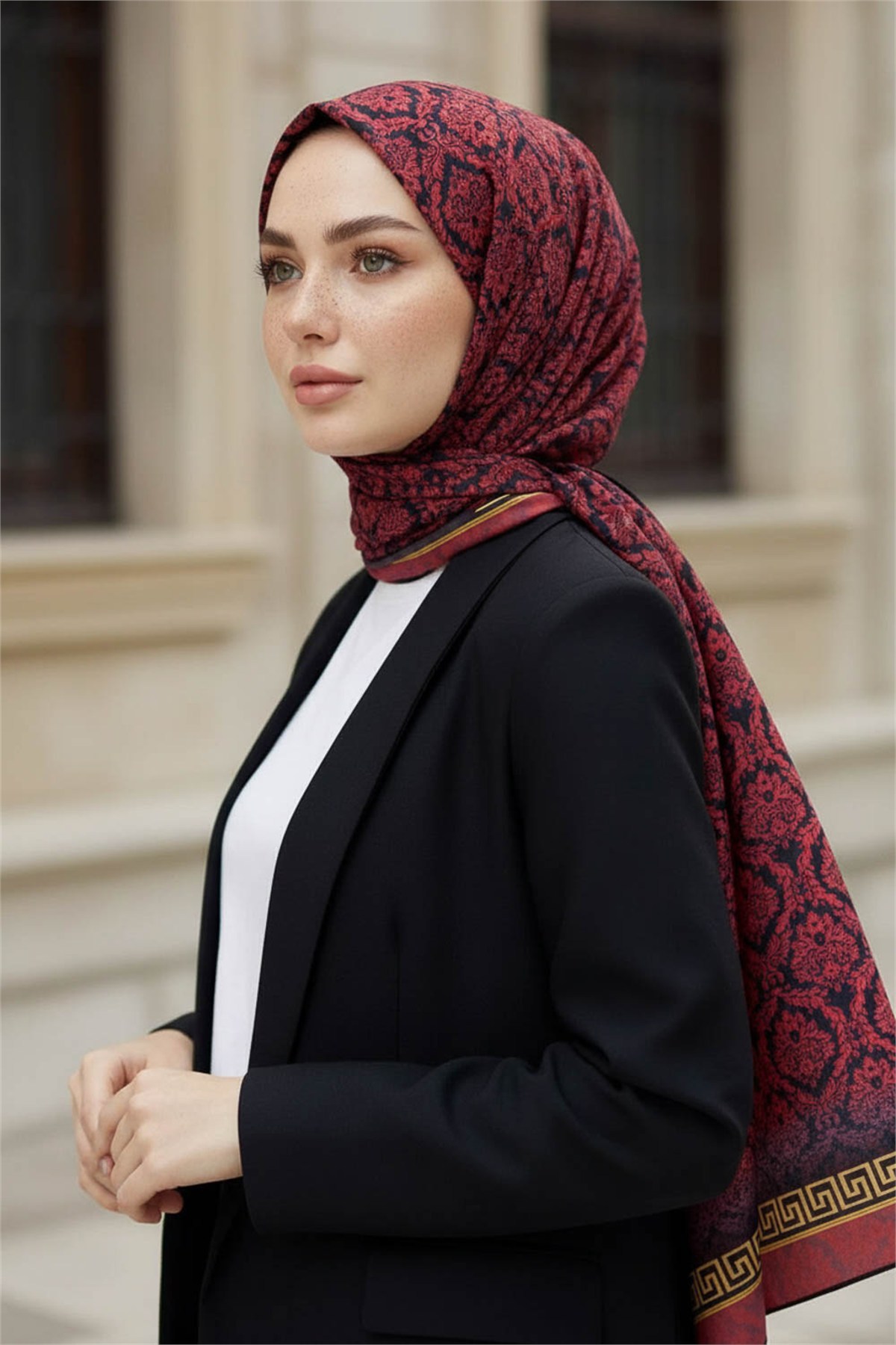 KREP GOLD DETAYLI BAROK DESENLİ BORDO RENKLİ 75X195 KIRIŞMAZ ŞAL