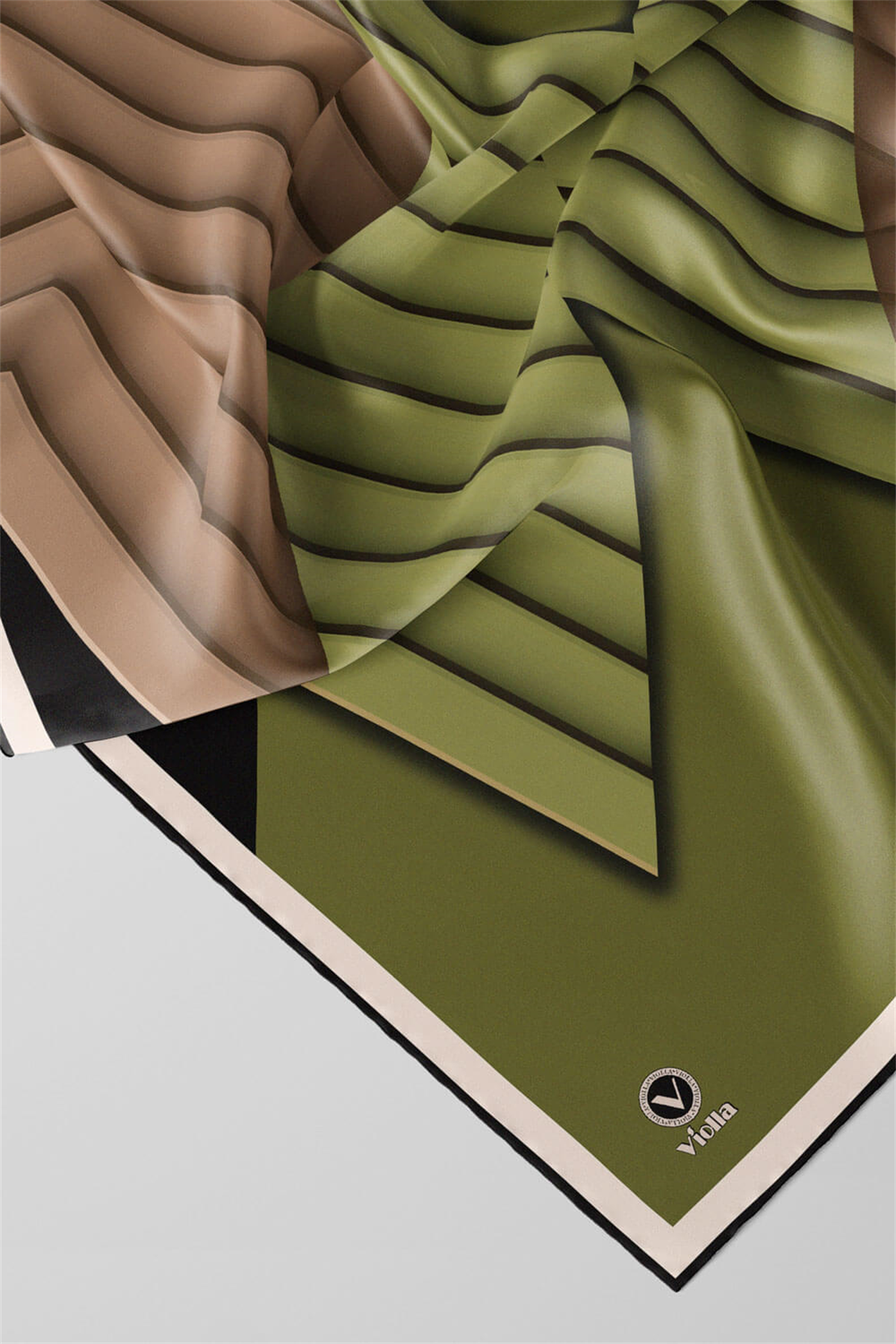 Rayon Zikzak Çizgi Desenli Haki Renkli 90x90 Eşarp (İpek İçermez) Dikim Şekli : El Dikişi