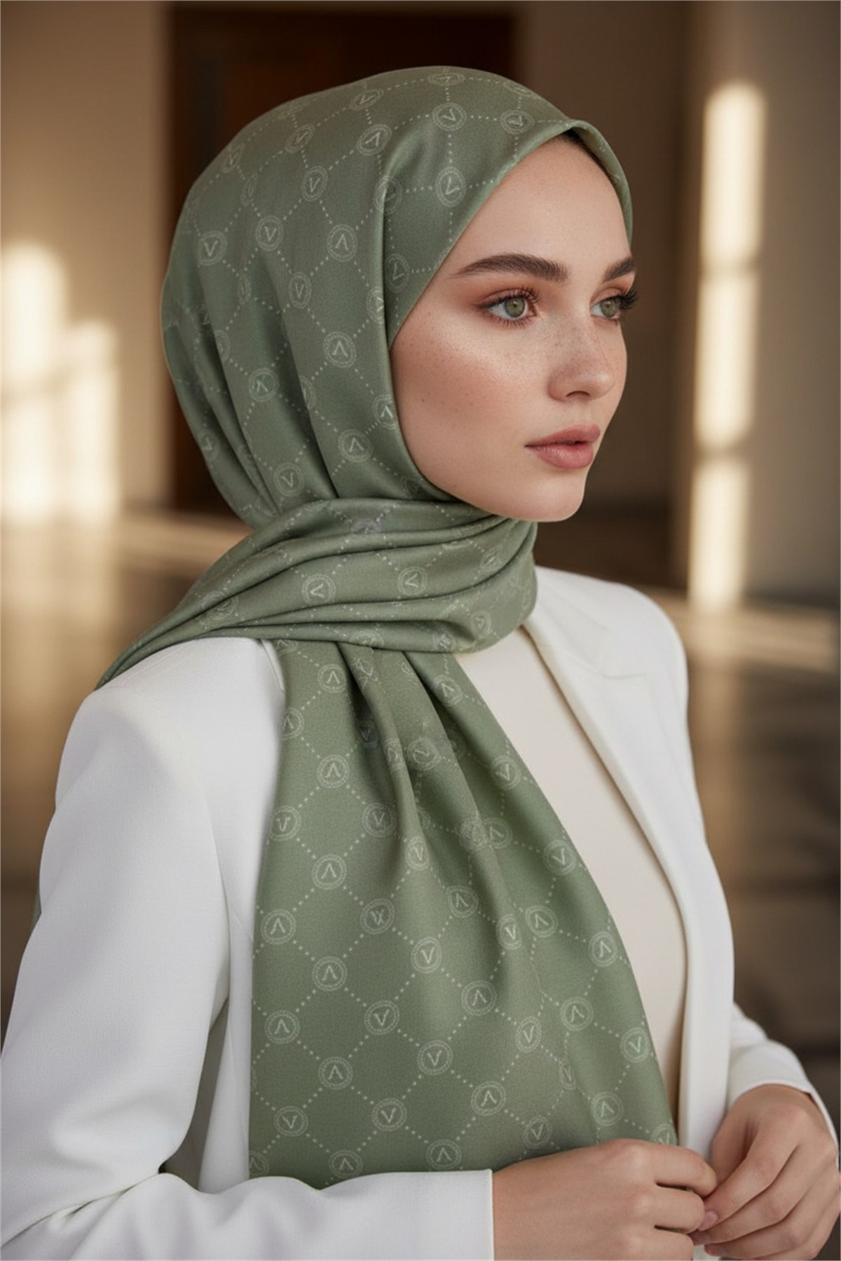 %100 Saf İpek Şal İnce Saten Vual Dokuma V Logo Desenli Haki Renkli 90x210 Şal