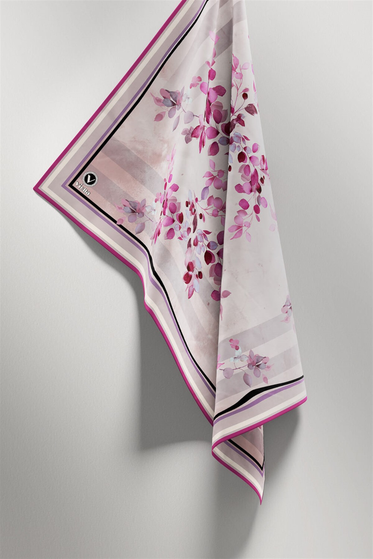 Twill Çiçek Desenli Mürdüm Renkli 90x90 Eşarp (İpek İçermez) Kenar Dikiş Şekli El Dikişli