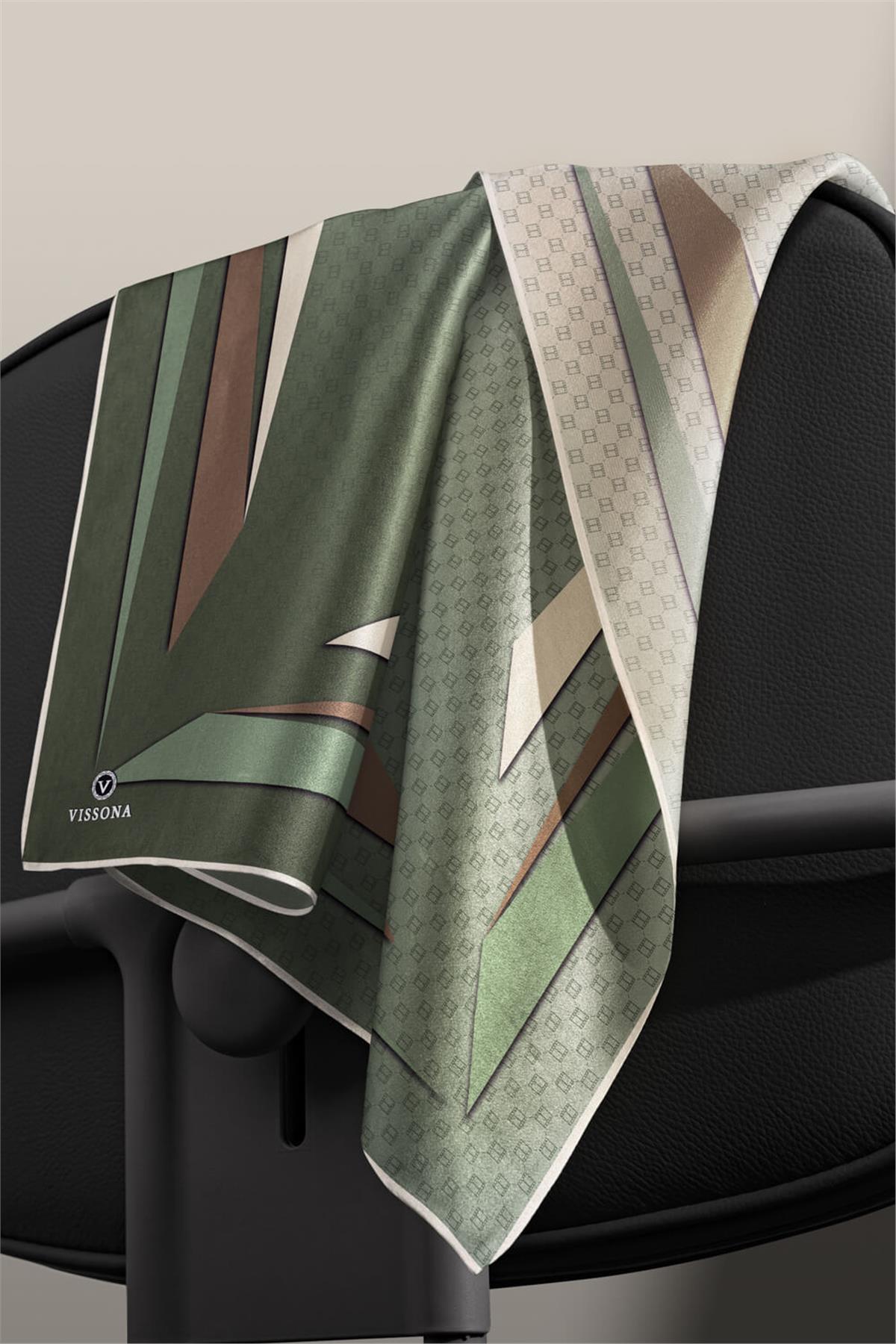 %100 Twill İpek Degrade Desenli Haki - Bej Renkli 90x90 Eşarp Dikim Şekli : El Dikişi
