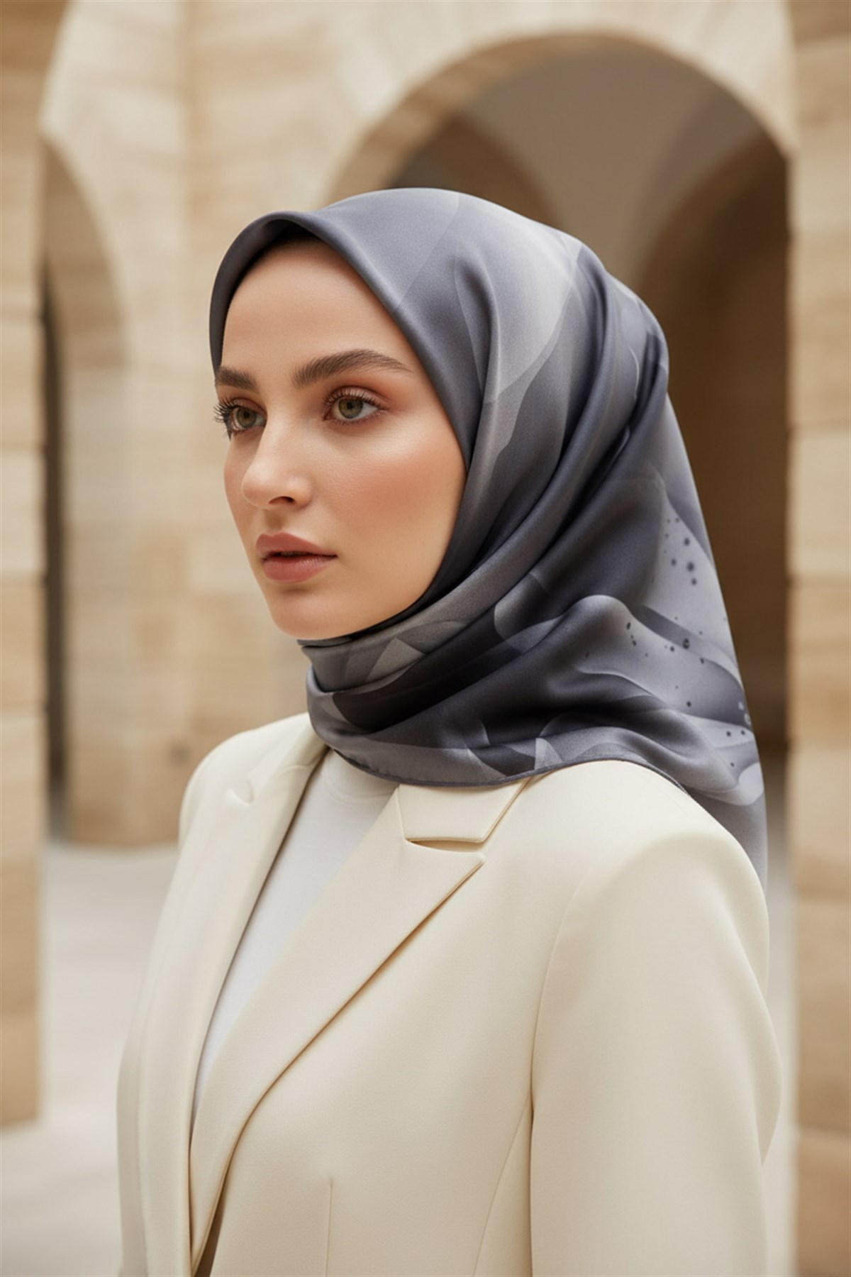 %100 Twill İpek Çiçek Desenli Gri Renkli 90x90 Eşarp Dikim Şekli : El Dikişi