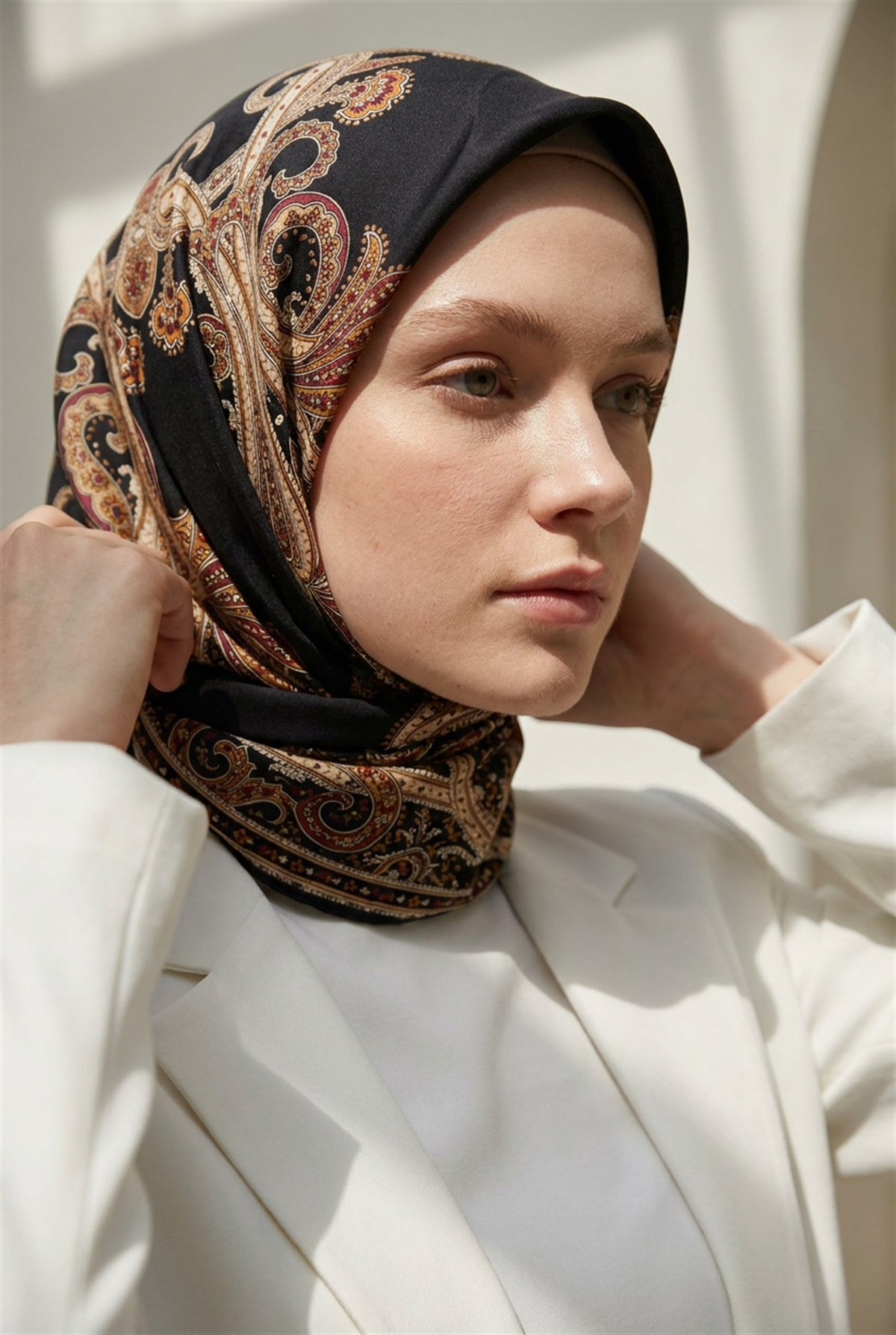 %100 Twill İpek Şal Desenli Siyah - Bordo Renkli 90x90 Eşarp Dikim Şekli : El Dikişi