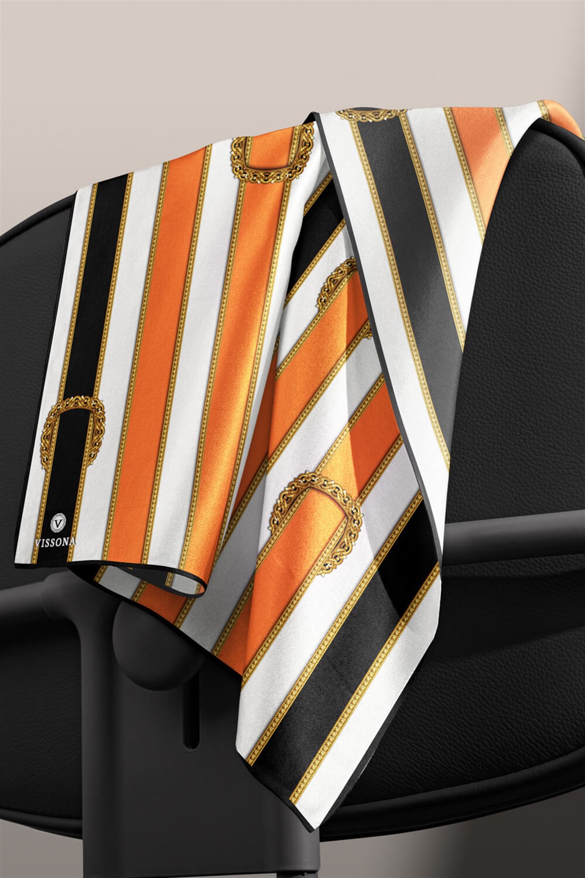 %100 Twill İpek Kemer Desenli Siyah - Turuncu Renkli 90x90 Eşarp Dikim Şekli : El Dikişi