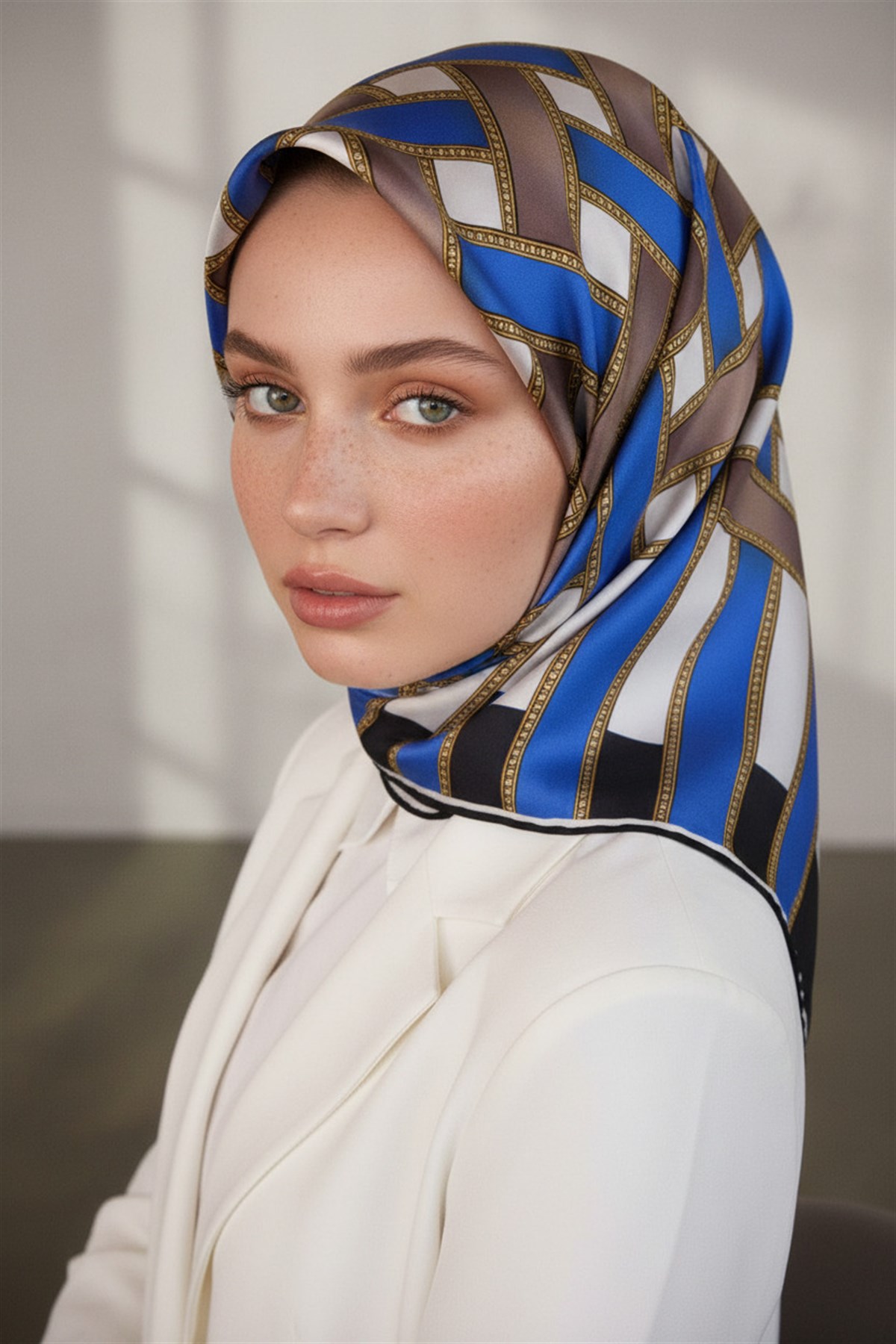 %100 Twill İpek Hasır Örgü Desenli Saks - Lacivert Renkli 90x90 Eşarp Dikim Şekli : El Dikişi