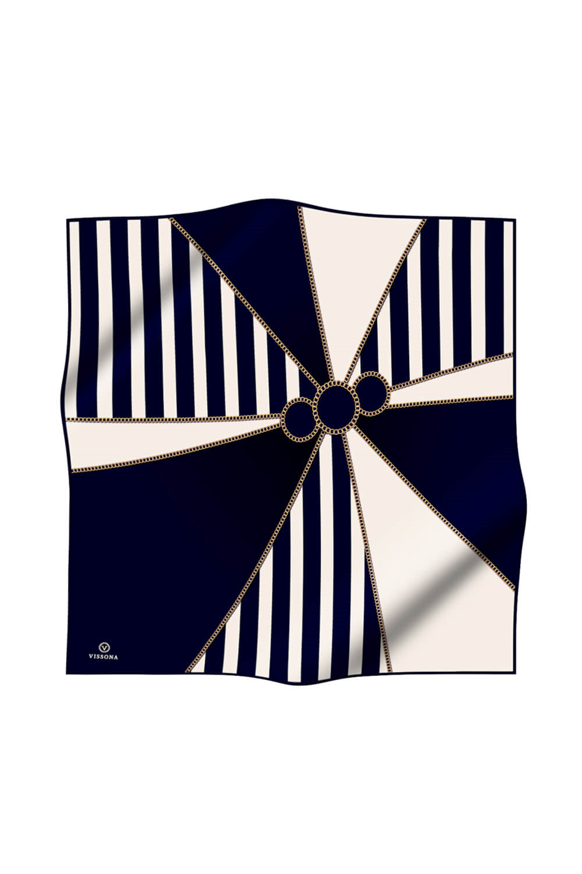 %100 Twill İpek Zincirli Çizgi Desenli Lacivert - Krem Renkli 90x90 Eşarp Dikim Şekli : El Dikişi