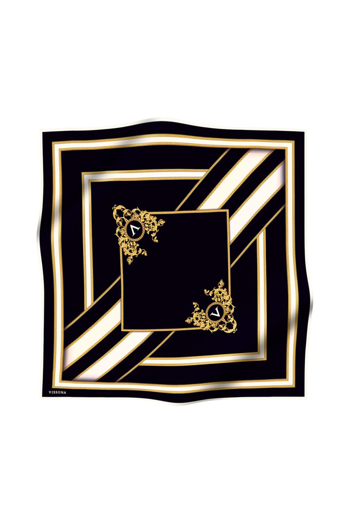 %100 Twill İpek Baroklu Ve Geometrik Desenli Siyah - Krem Renkli 90x90 Eşarp Dikim Şekli : El Dikişi