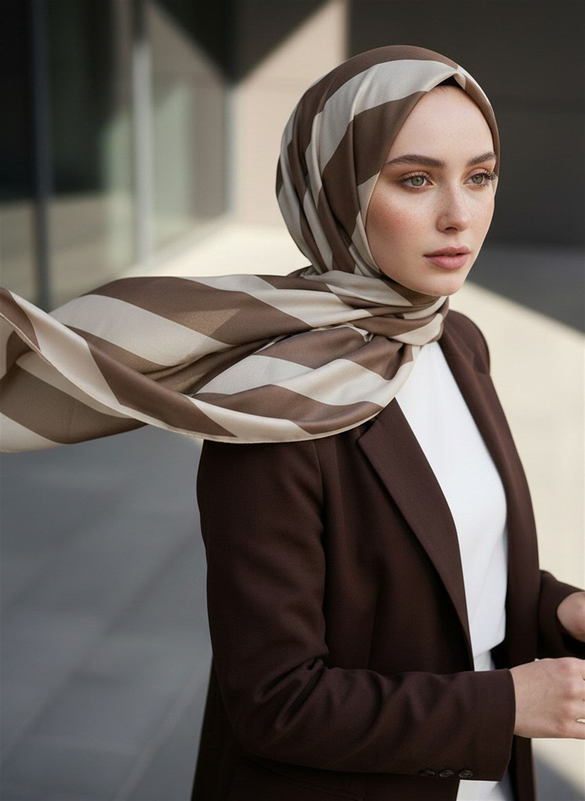%100 Saf İpek Şal İnce Saten Vual Dokuma Çizgili Desenli Vizon - Krem Renkli 90x210 Şal
