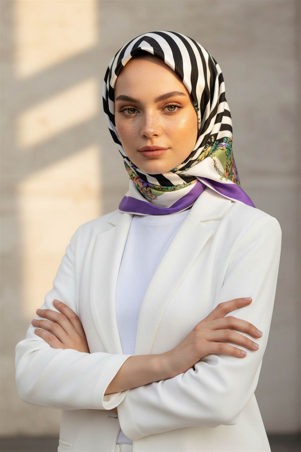 %100 Twill İpek Çıtır Çiçekli Ve Çizgi Desenli Mor - Haki Renkli 90x90 Eşarp Dikim Şekli : El Dikişi
