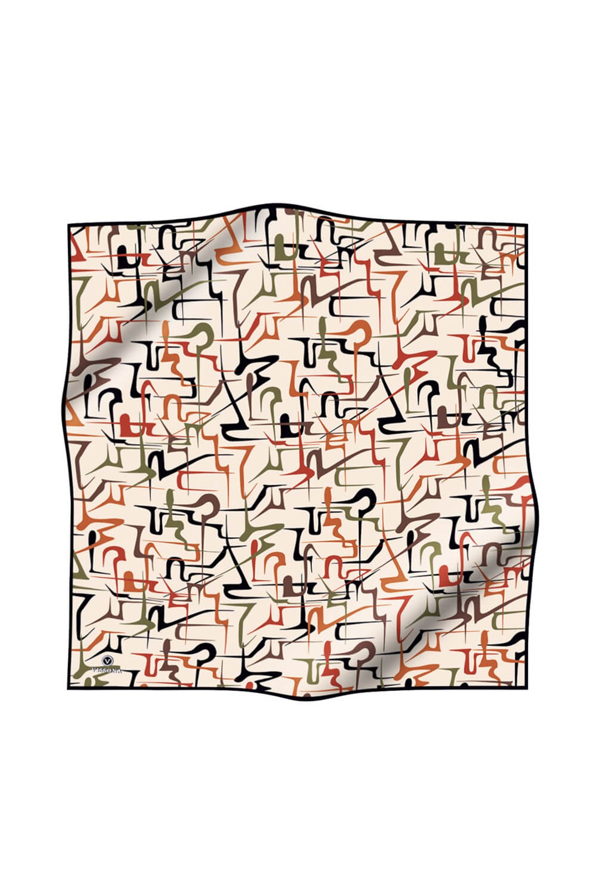 % 57 İPEK % 43 VİSKON Twill İpek Soyut Geometrik Desenli Taba - Haki Renkli 90x90 Eşarp Dikim Şekli : El Dikişi
