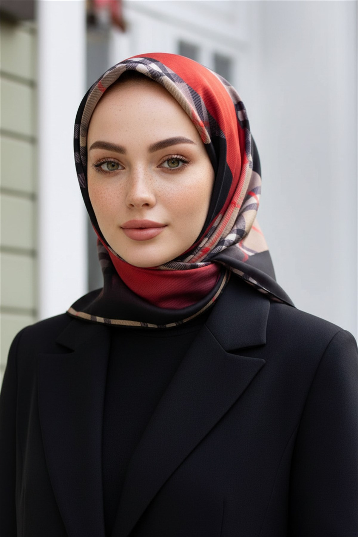 %100 Twill İpek Eşarp 90x90 Kırmızı Siyah Ekose Desenli El Dikişli Kadın Eşarp