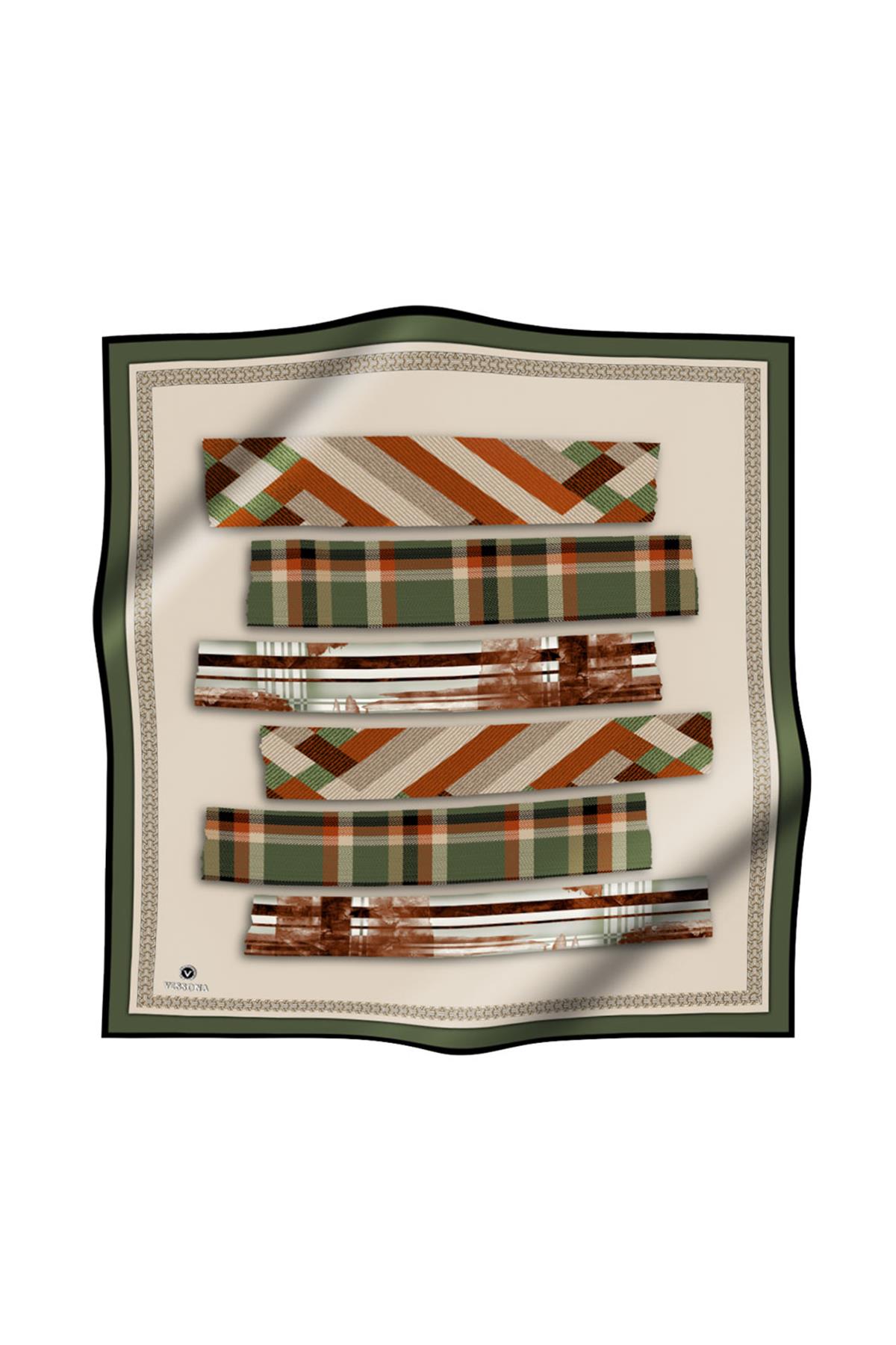 %100 Twill İpek Ekose Desenli Haki - Taba Renkli 90x90 Eşarp Dikim Şekli : El Dikişi