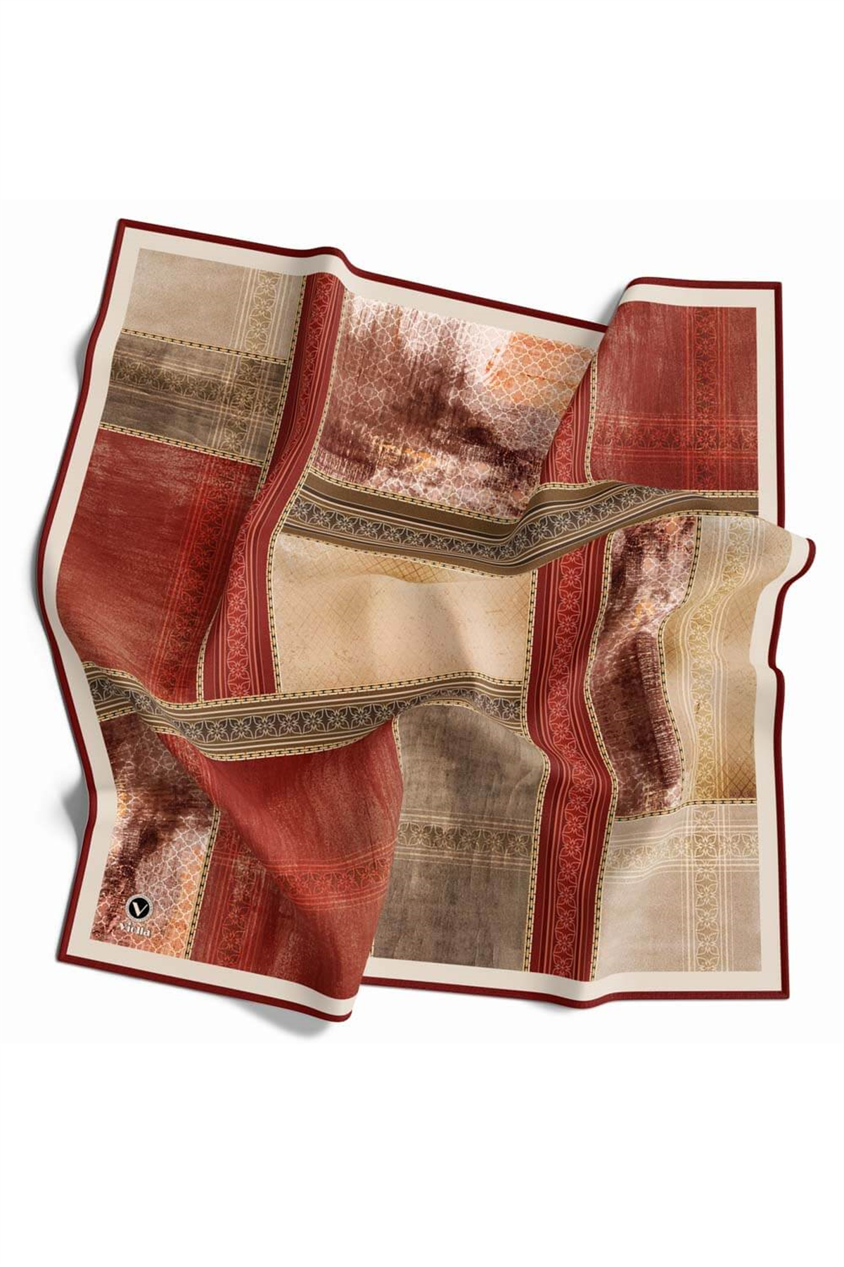 Twill Dokulu Ve Geometrik Desenli Bordo Renkli 90x90 Eşarp (İpek İçermez) Dikim Şekli : El Dikişi