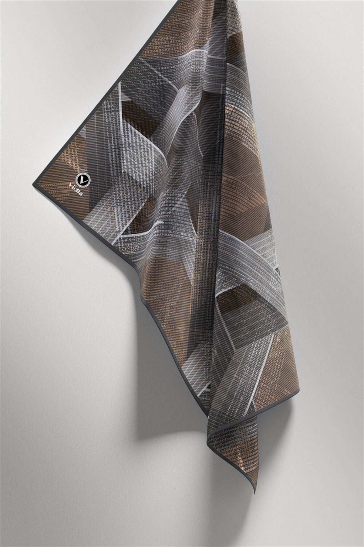 Twill Dokulu Geometrik Desenli Gri - Bej Renkli 90x90 Eşarp (İpek İçermez) Kenar Dikiş Şekli El Dikişli