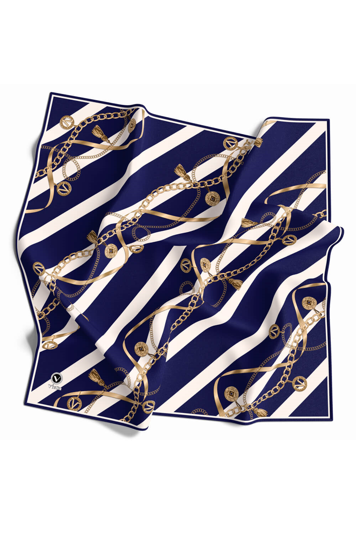Twill Çizgili Kemer ve Zinci Desenli Krem Renkli 90x90 Eşarp (İpek İçermez) Kenar Dikiş Şekli El Dikişli