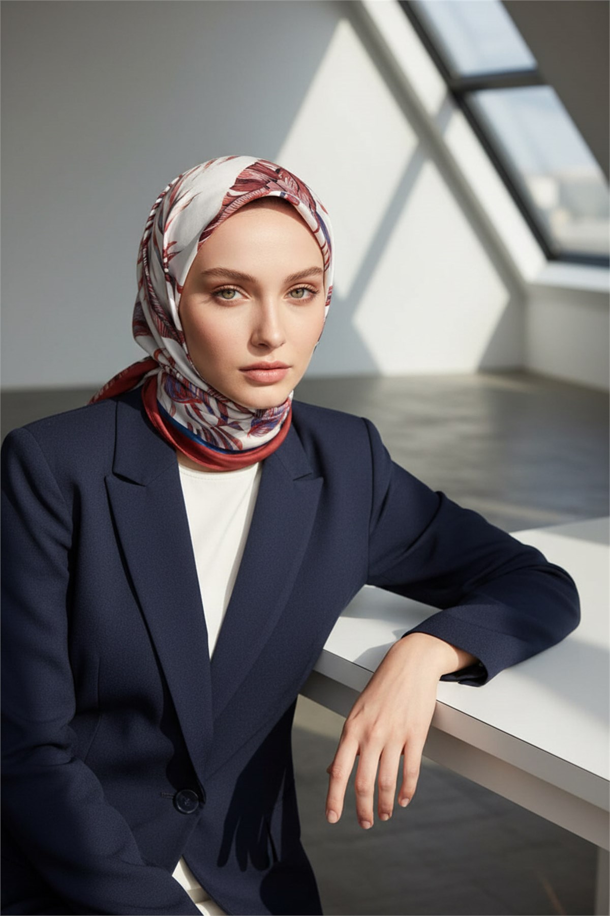 KREP YAPRAK DESENLİ KIRMIZI - İNDİGO RENKLİ 75X195 KIRIŞMAZ ŞAL