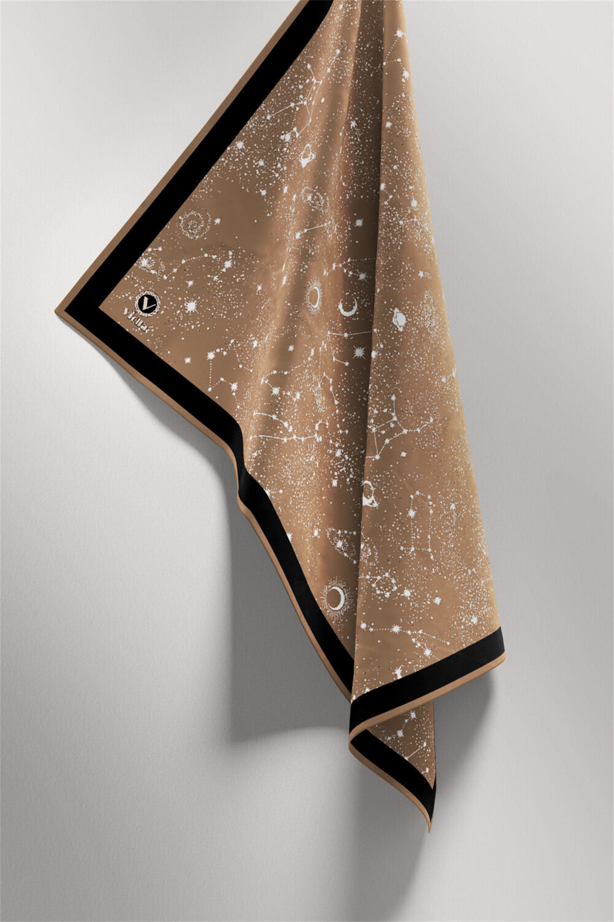 Twill Galaksi Desenli Bej Renkli 90x90 Eşarp (İpek İçermez) Kenar Dikiş Şekli El Dikişli