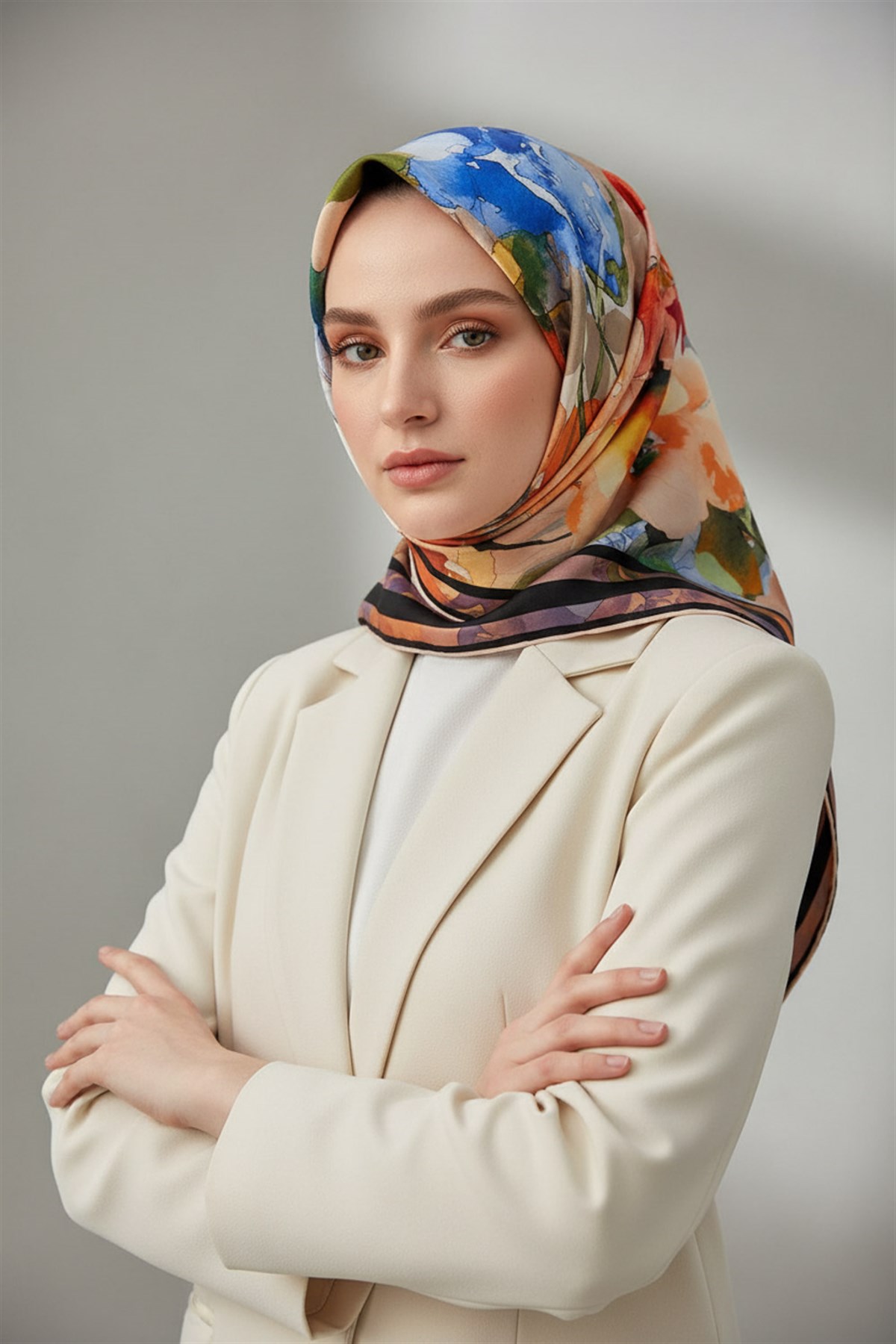 %100 Twill İpek Sulu Boyalı Çiçek Desenli Somon - Kırmızı Renkli 90x90 Eşarp Dikim Şekli : El Dikişi