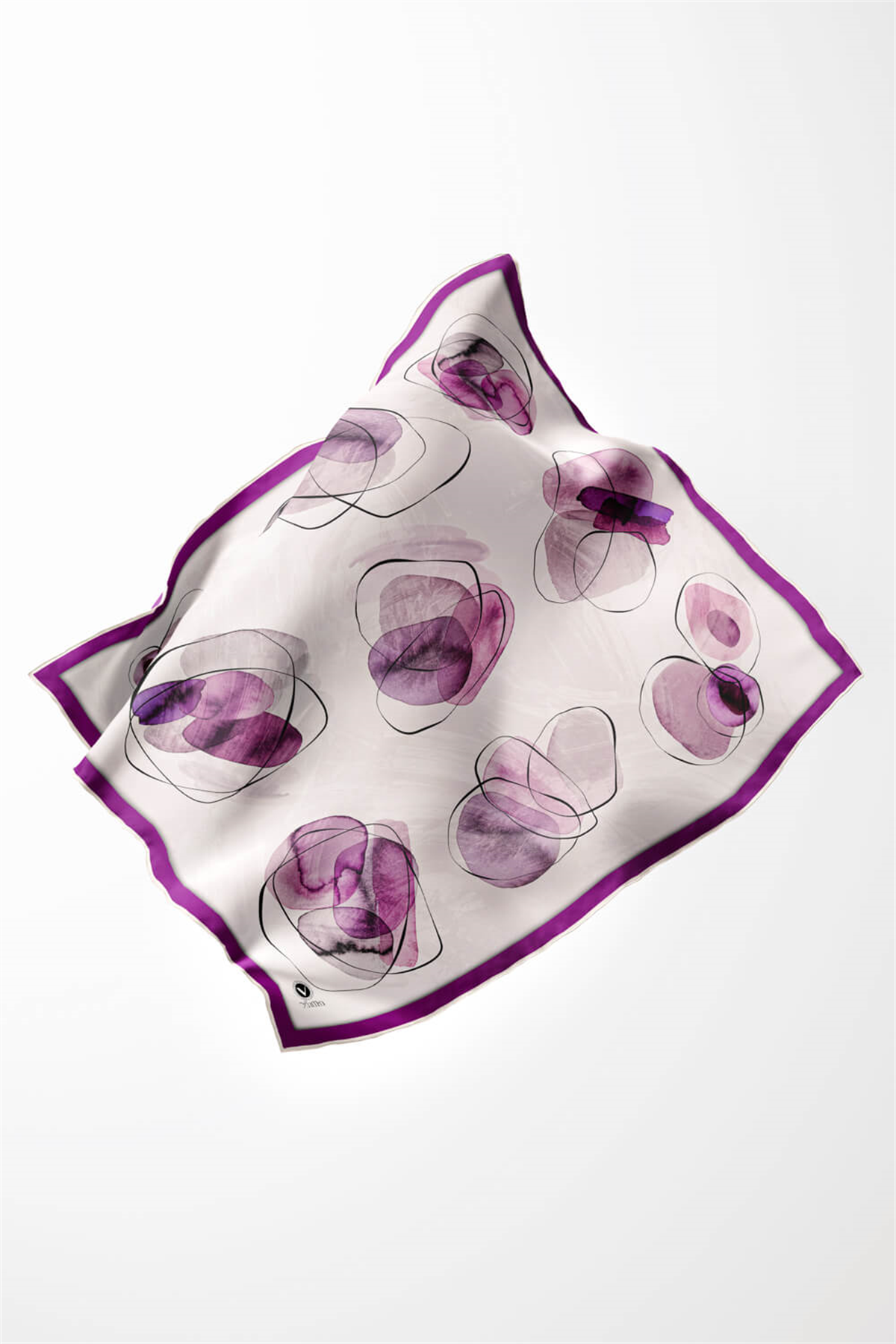 Twill Sulu Boya Geometrik Desenli Mürdüm Renkli 90x90 Eşarp (İpek İçermez) Kenar Dikiş Şekli El Dikişli
