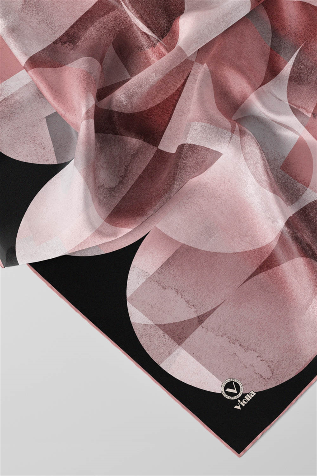 Twill Geometrik Desenli Pudra Renkli 90x90 Eşarp (İpek İçermez)Kenar Dikiş Şekli El Dikişli