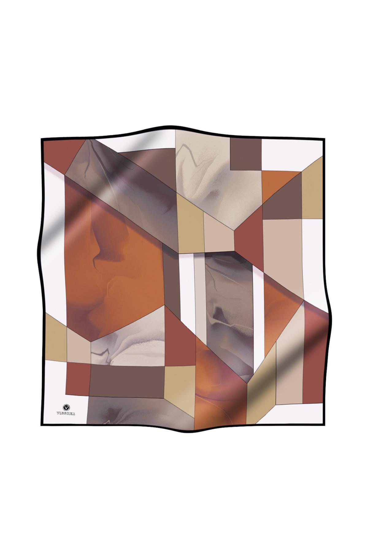 %100 Twill İpek Geometrik Desenli Turuncu - Vizon  Renkli 90x90 Eşarp Dikim Şekli : El Dikişi