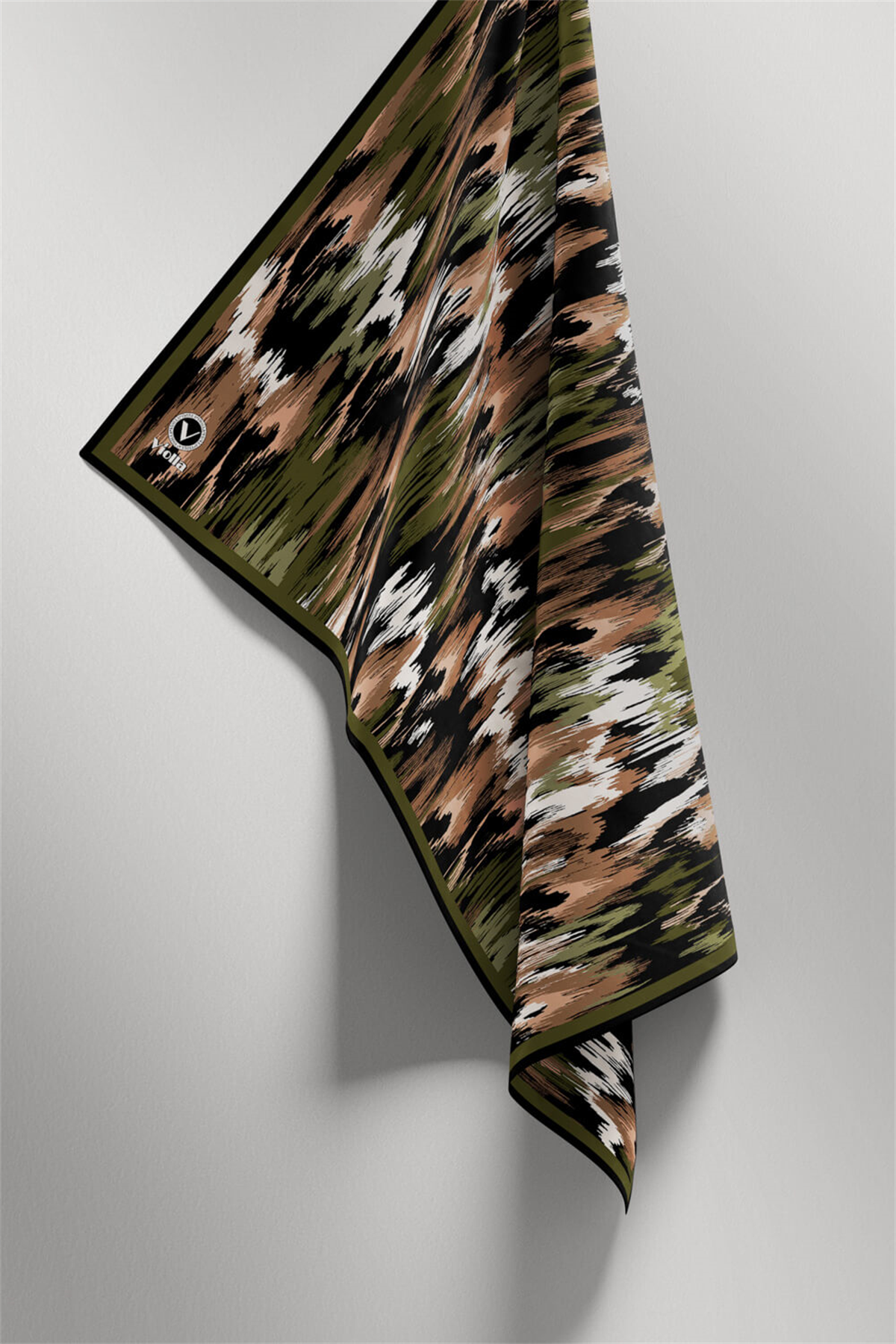 Twill Fırça Desenli Haki Renkli 90x90 Eşarp (İpek İçermez) Kenar Dikiş Şekli El Dikişli
