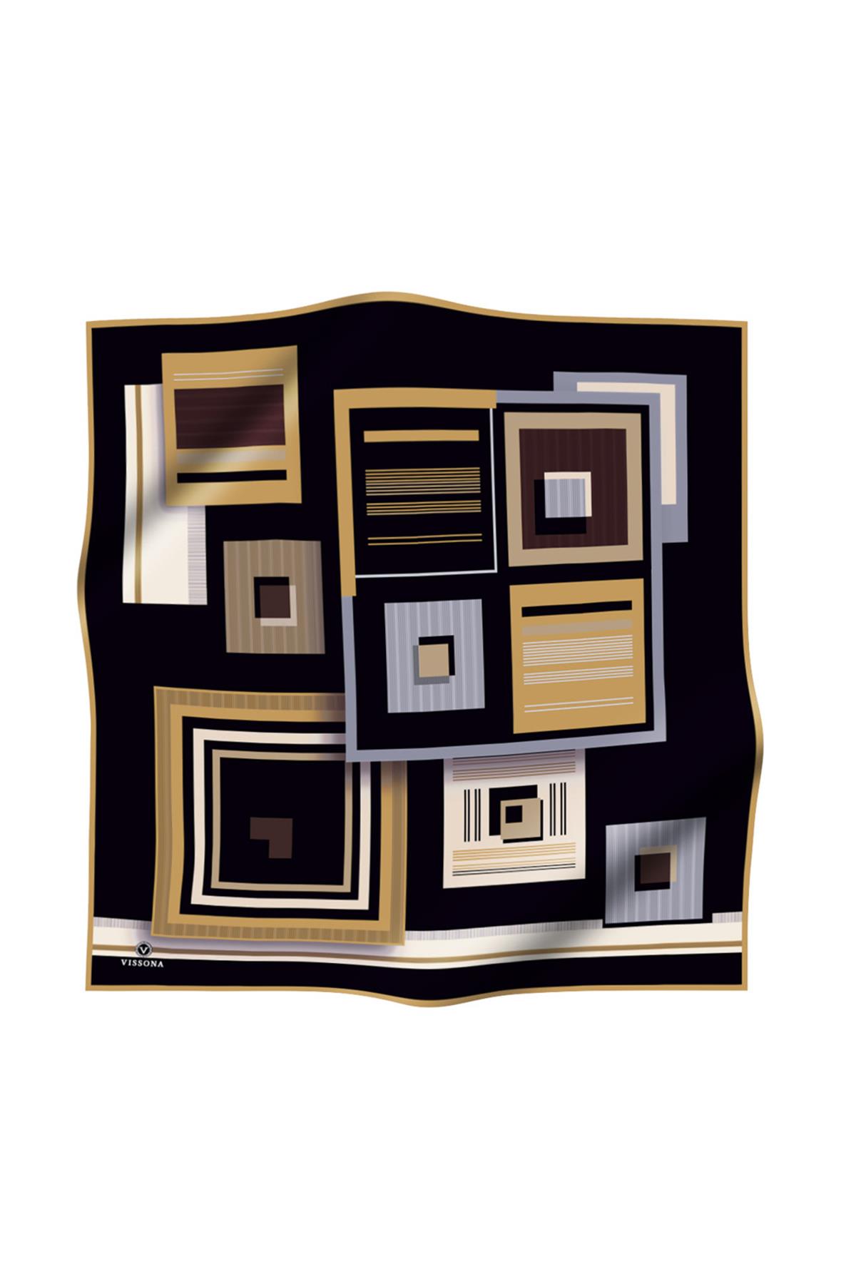 %100 Twill İpek Kare Desenli Siyah - Gold Renkli 90x90 Eşarp Kenar Dikiş Şekli El Dikişli