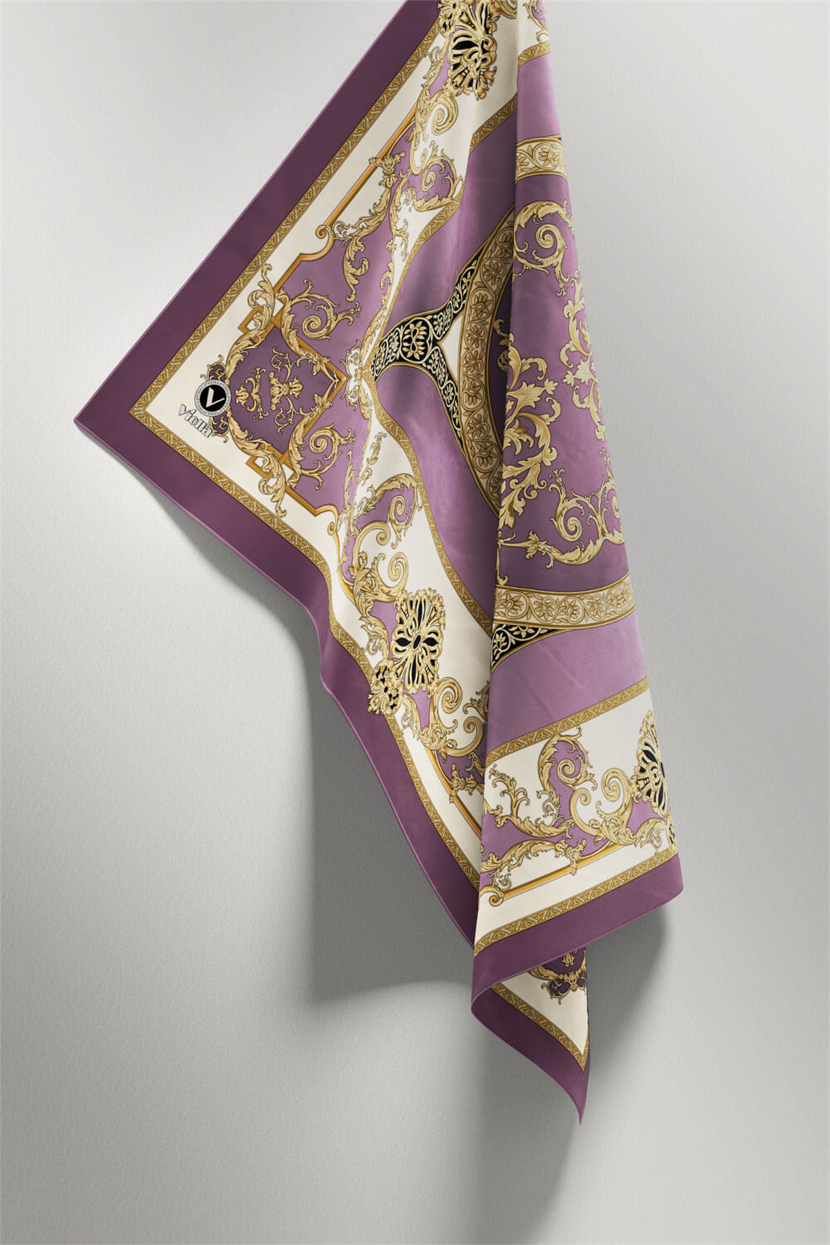 Twill Barok Desenli Lila Renkli 90x90 Eşarp (İpek İçermez) Kenar Dikiş Şekli El Dikişli