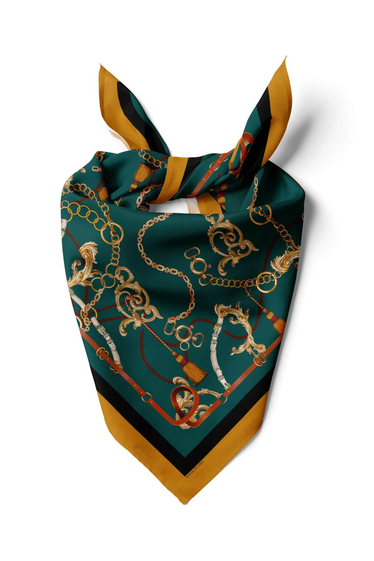 E72 Kadın Yeşil Zincir Desenli 50x50 Bandana
