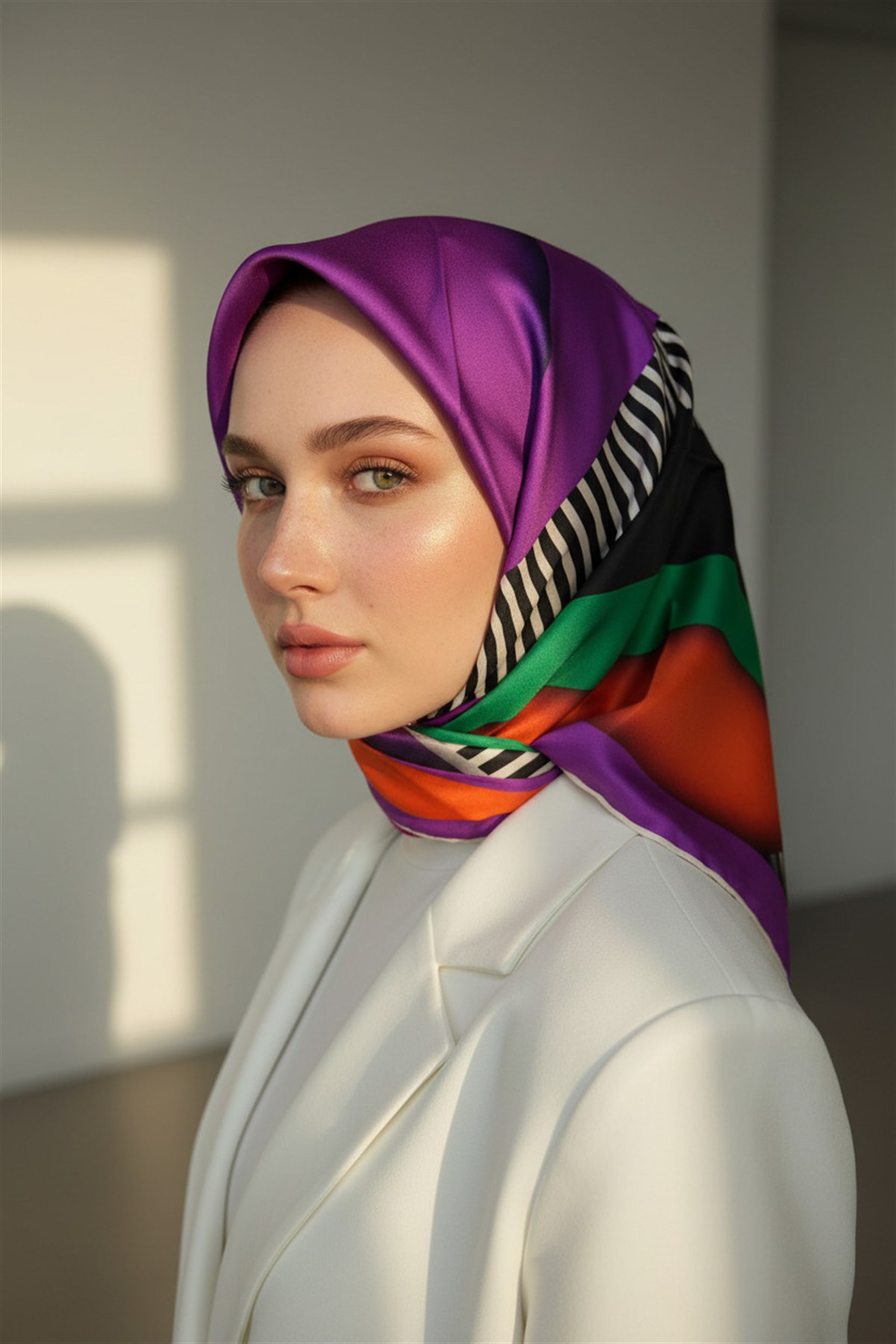%100 Twill Renk Bloklu Çizgili Desenli Mor - Zümrüt Yeşili Renkli 90x90 Eşarp Dikim Şekli: El Dikişii